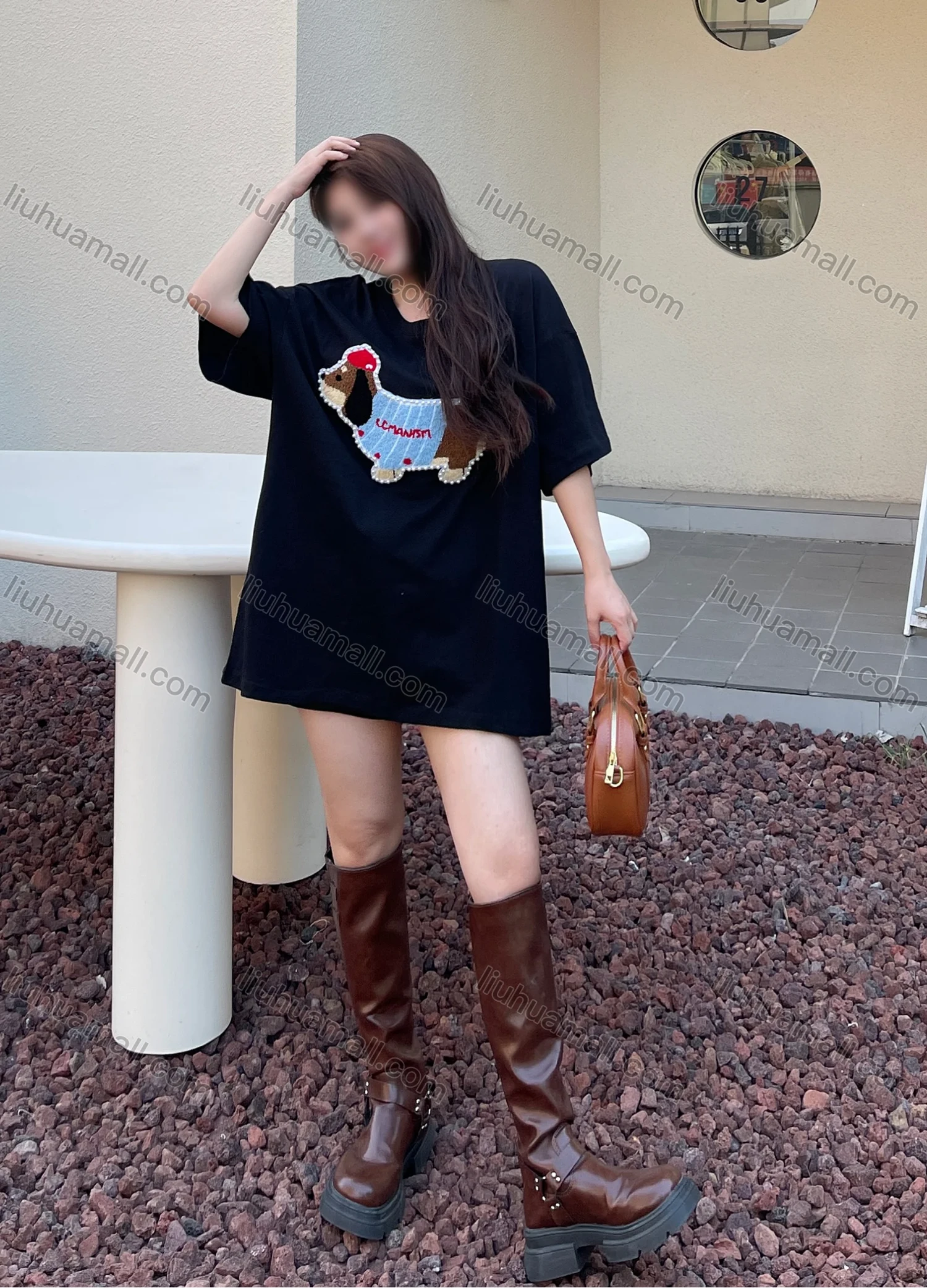 Wholesale Women's Casual Round Neck Animal Print Pearl Decor Short Sleeve Drop Shoulder Tee 0677-6# - Liuhuamall