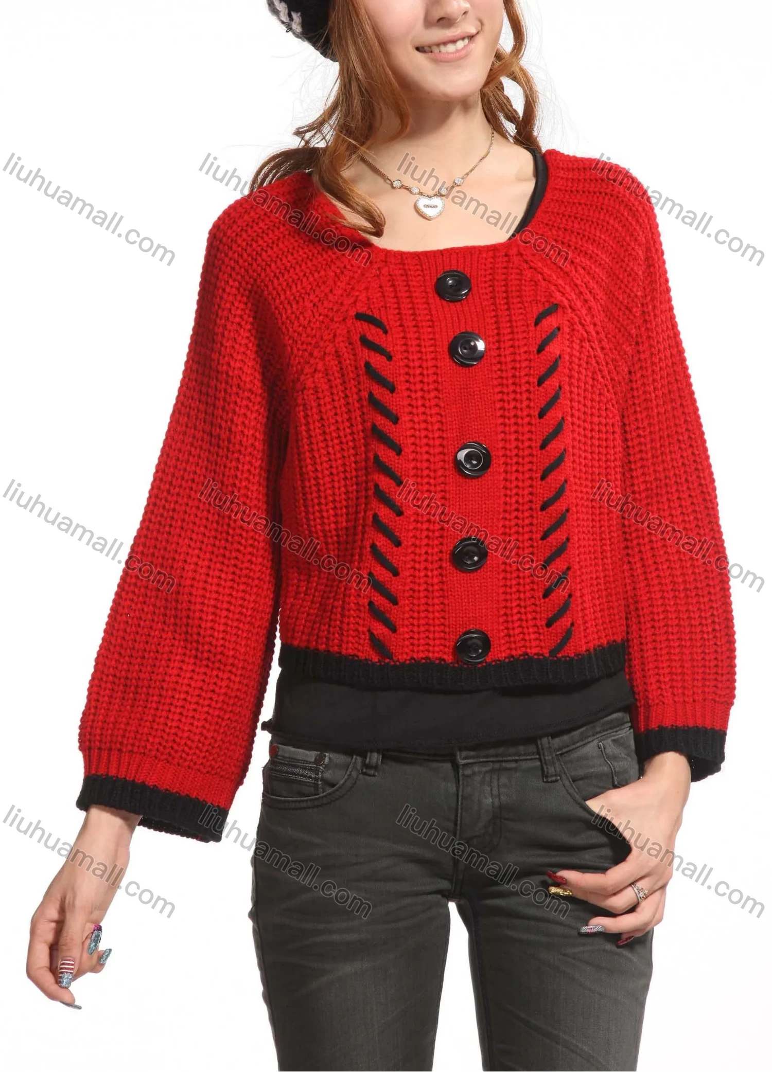 Wholesale Women's Casual Plain Crew Neck Button Decor Long Sleeve Knit Sweater Top 3088# - Liuhuamall