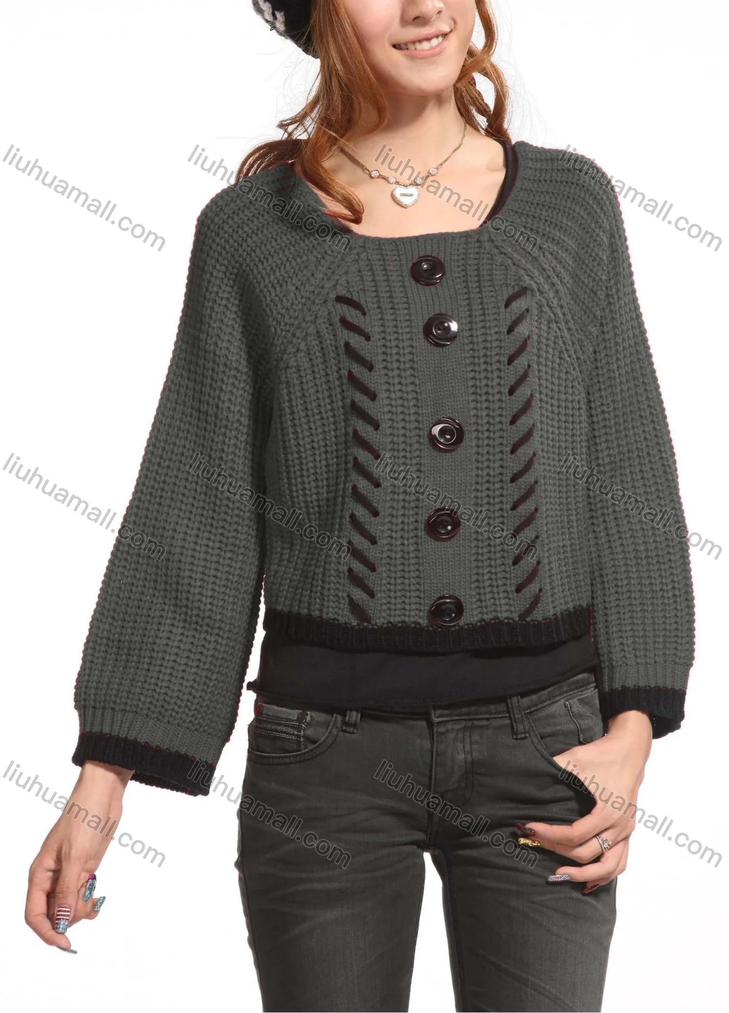 Wholesale Women's Casual Plain Crew Neck Button Decor Long Sleeve Knit Sweater Top 3088# - Liuhuamall