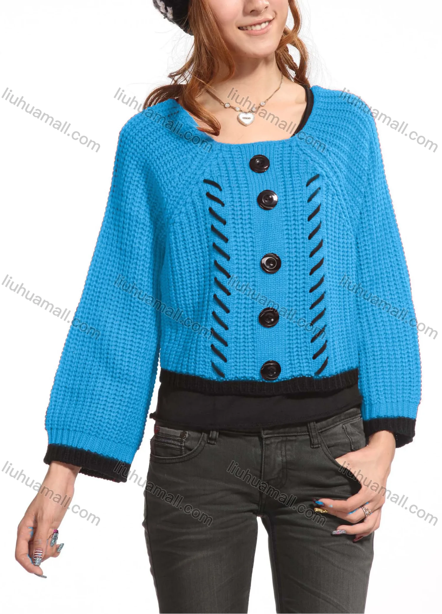 Wholesale Women's Casual Plain Crew Neck Button Decor Long Sleeve Knit Sweater Top 3088# - Liuhuamall