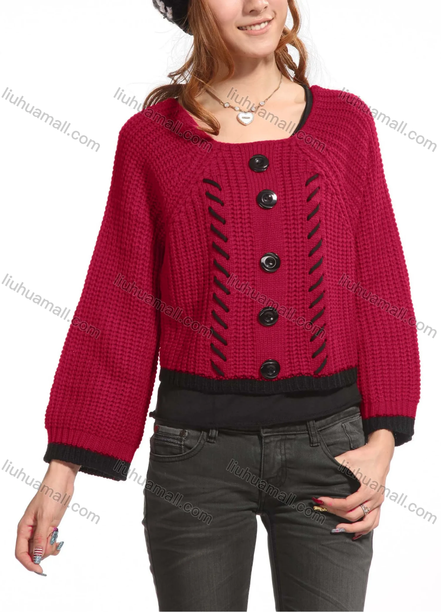 Wholesale Women's Casual Plain Crew Neck Button Decor Long Sleeve Knit Sweater Top 3088# - Liuhuamall