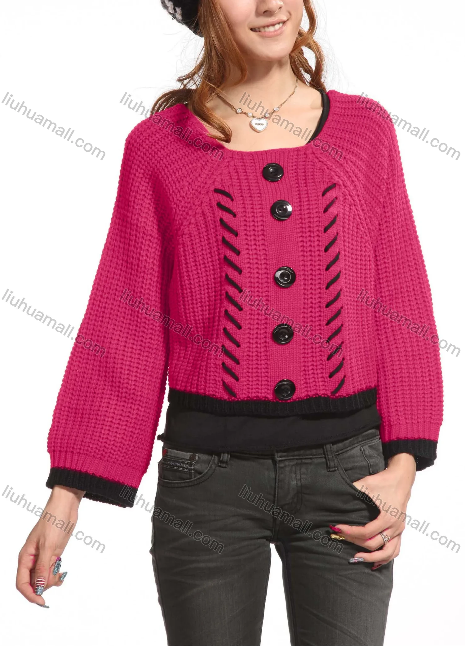 Wholesale Women's Casual Plain Crew Neck Button Decor Long Sleeve Knit Sweater Top 3088# - Liuhuamall