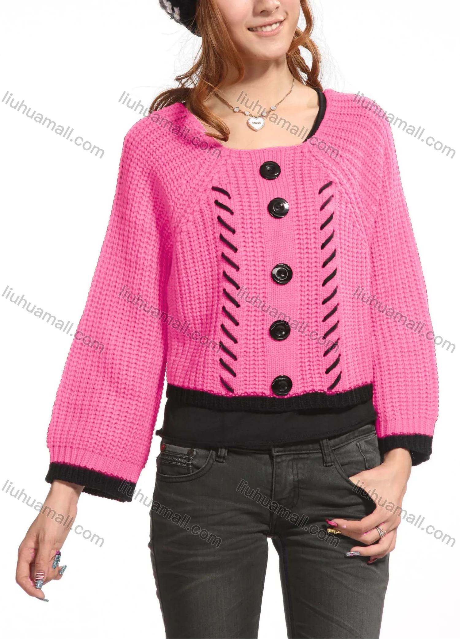 Wholesale Women's Casual Plain Crew Neck Button Decor Long Sleeve Knit Sweater Top 3088# - Liuhuamall