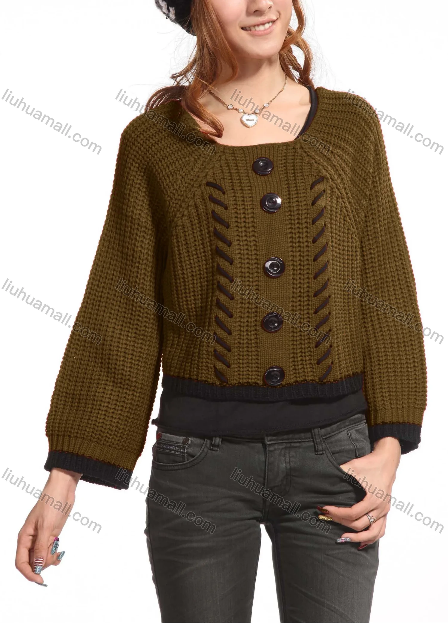 Wholesale Women's Casual Plain Crew Neck Button Decor Long Sleeve Knit Sweater Top 3088# - Liuhuamall