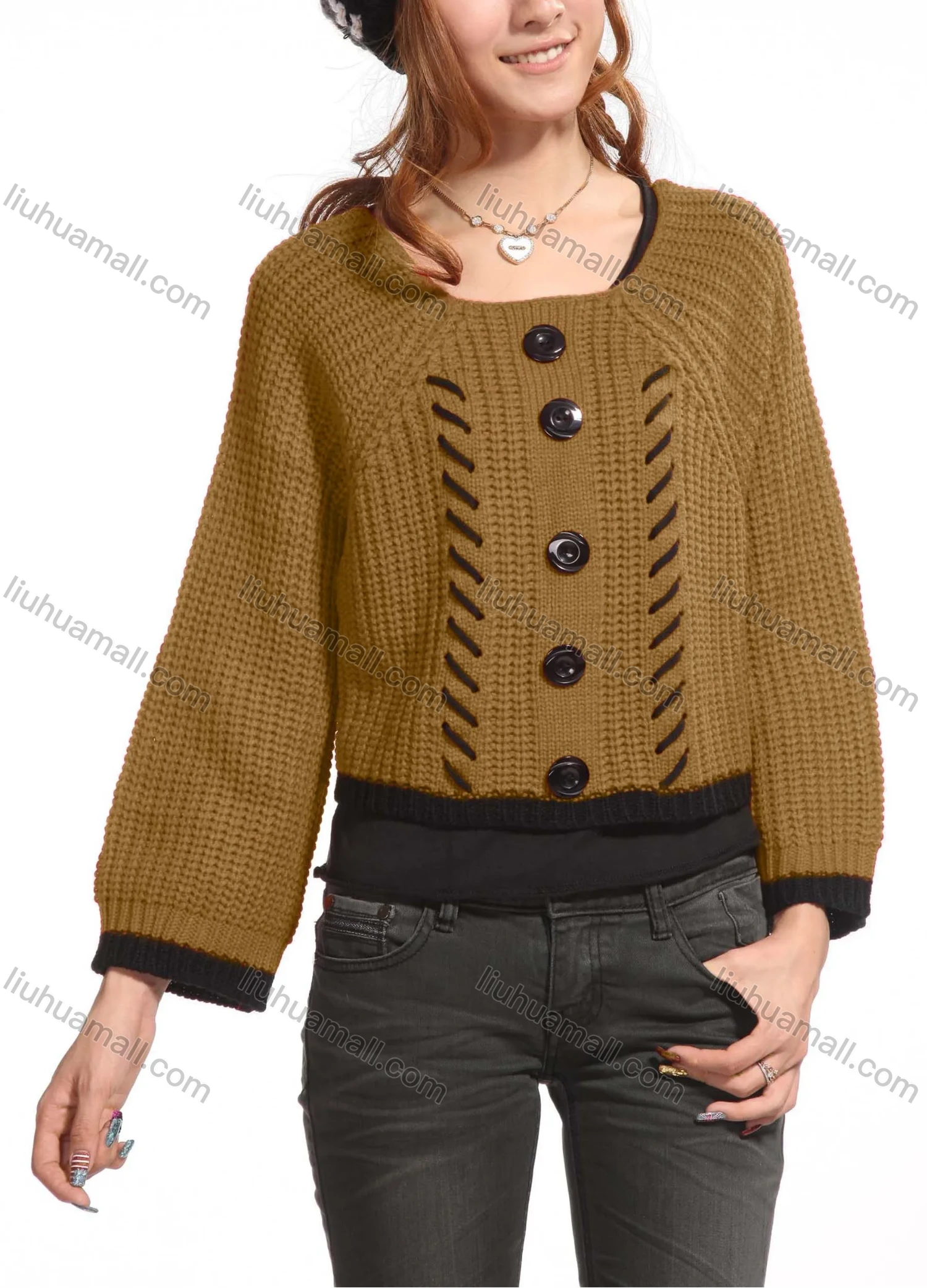 Wholesale Women's Casual Plain Crew Neck Button Decor Long Sleeve Knit Sweater Top 3088# - Liuhuamall