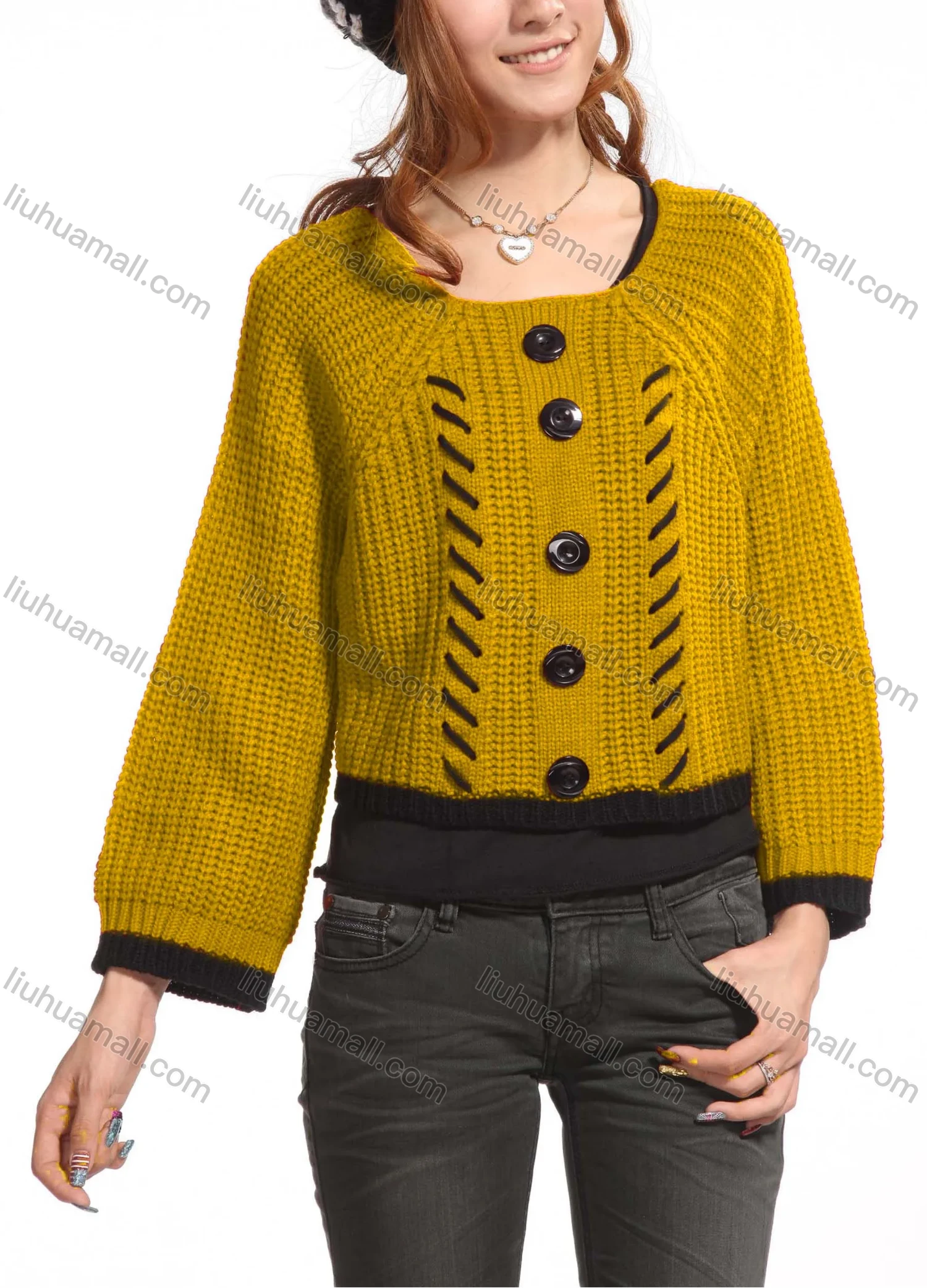 Wholesale Women's Casual Plain Crew Neck Button Decor Long Sleeve Knit Sweater Top 3088# - Liuhuamall