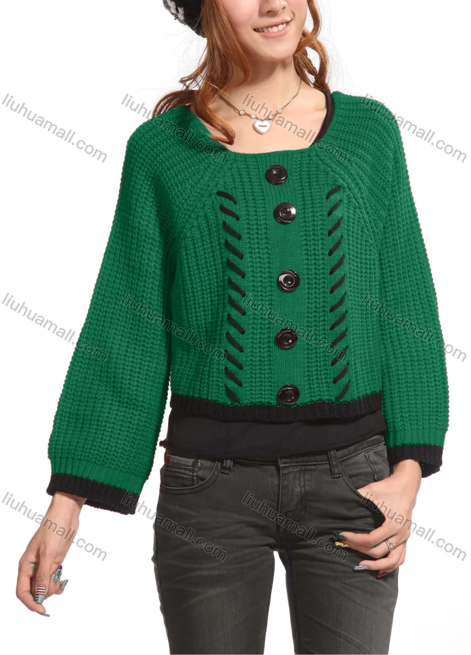 Wholesale Women's Casual Plain Crew Neck Button Decor Long Sleeve Knit Sweater Top 3088# - Liuhuamall
