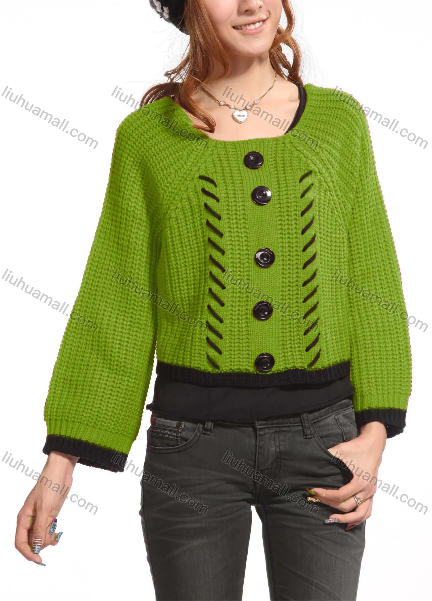 Wholesale Women's Casual Plain Crew Neck Button Decor Long Sleeve Knit Sweater Top 3088# - Liuhuamall