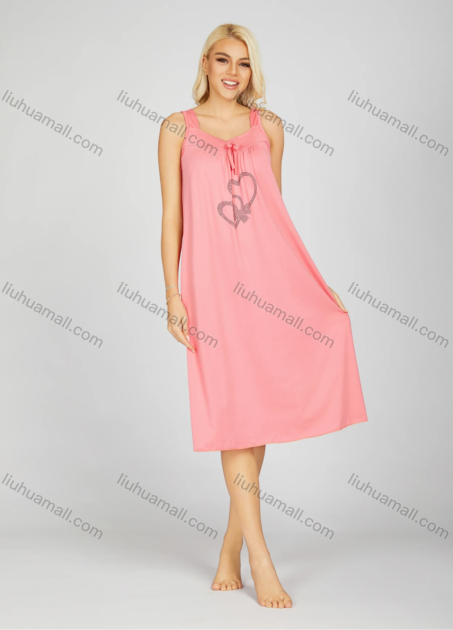 Wholesale Women's Soft Milk Silk Heart Print Rhinestone Ruched Bow Knot Lounge Tank Midi Night Dress 20-2# - Liuhuamall