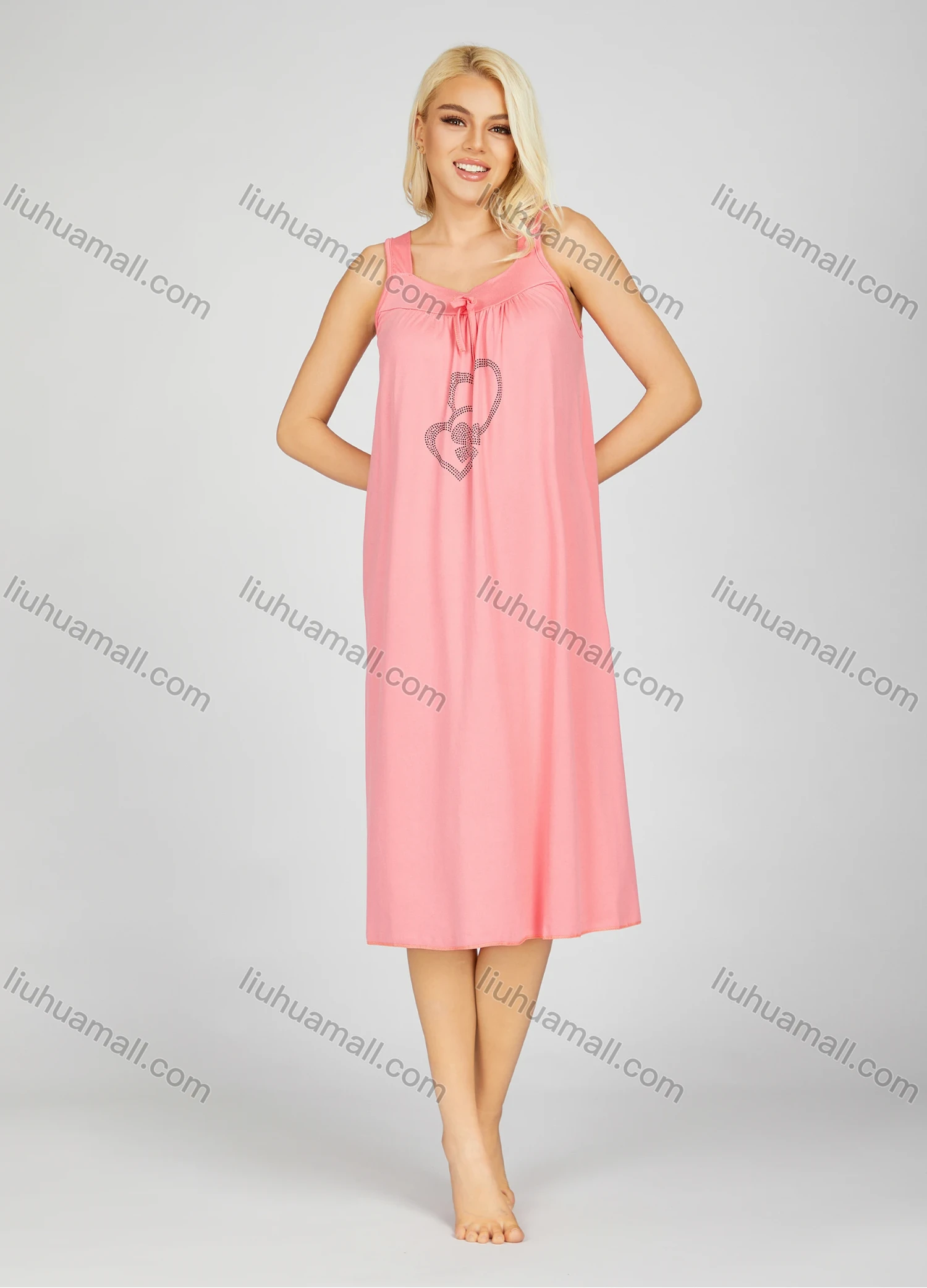 Wholesale Women's Soft Milk Silk Heart Print Rhinestone Ruched Bow Knot Lounge Tank Midi Night Dress 20-2# - Liuhuamall