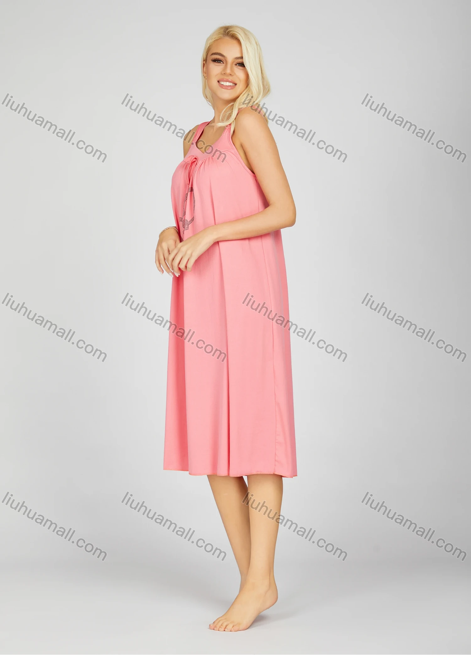 Wholesale Women's Soft Milk Silk Heart Print Rhinestone Ruched Bow Knot Lounge Tank Midi Night Dress 20-2# - Liuhuamall