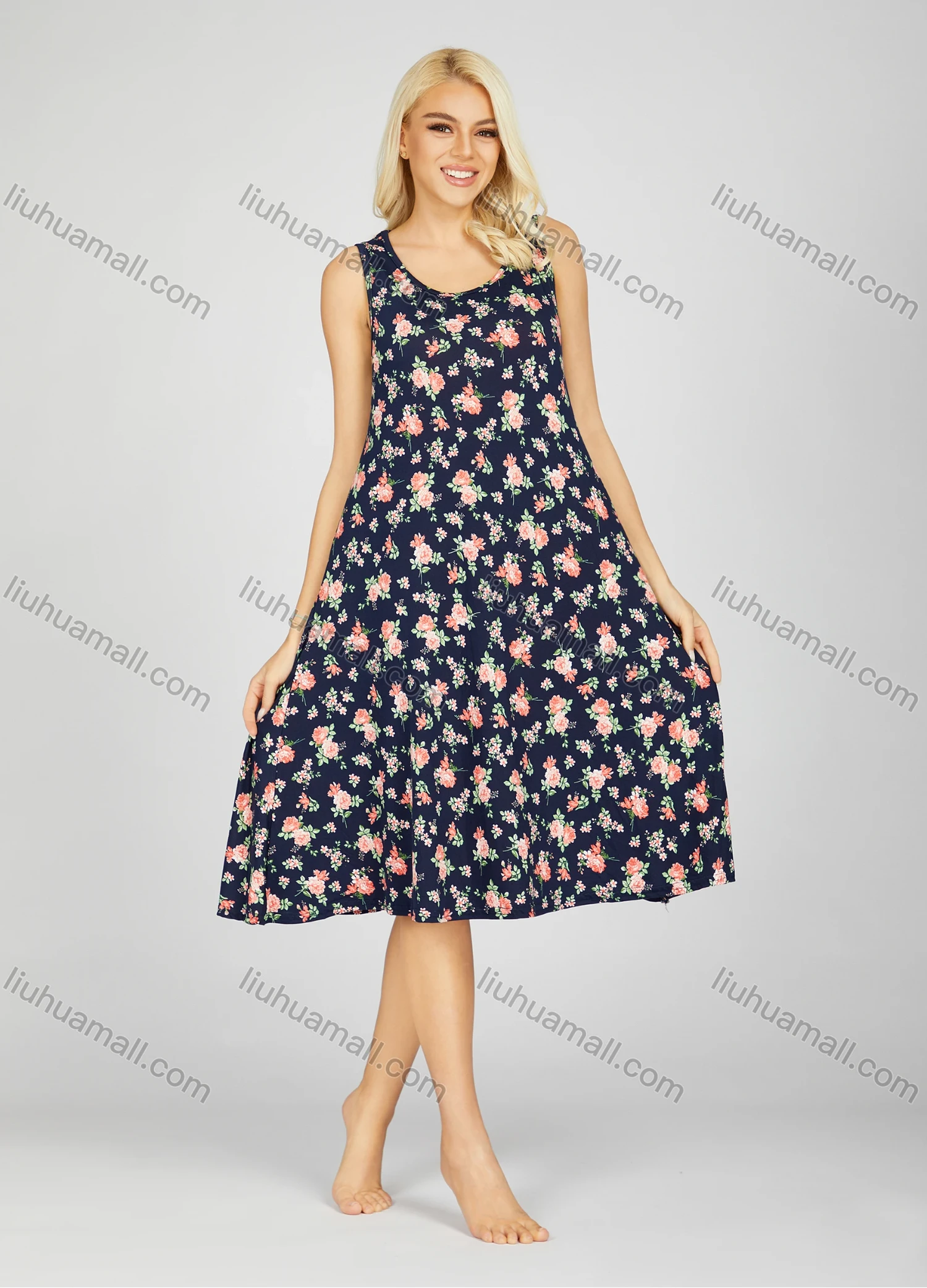 Wholesale Women's Soft Milk Silk Allover Floral Print Scoop Neck Lounge Tank Midi Night Dress 1005# - Liuhuamall