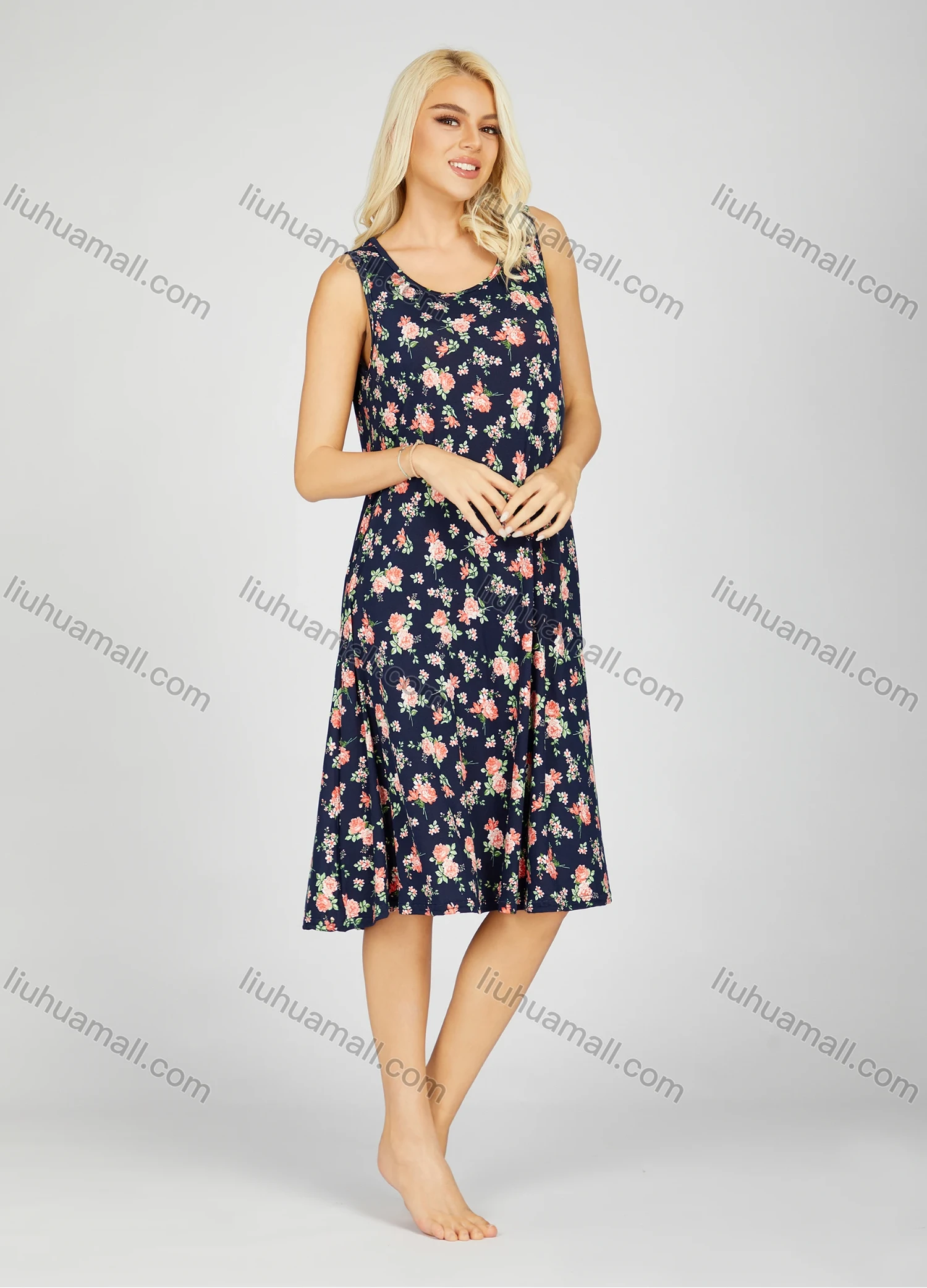 Wholesale Women's Soft Milk Silk Allover Floral Print Scoop Neck Lounge Tank Midi Night Dress 1005# - Liuhuamall