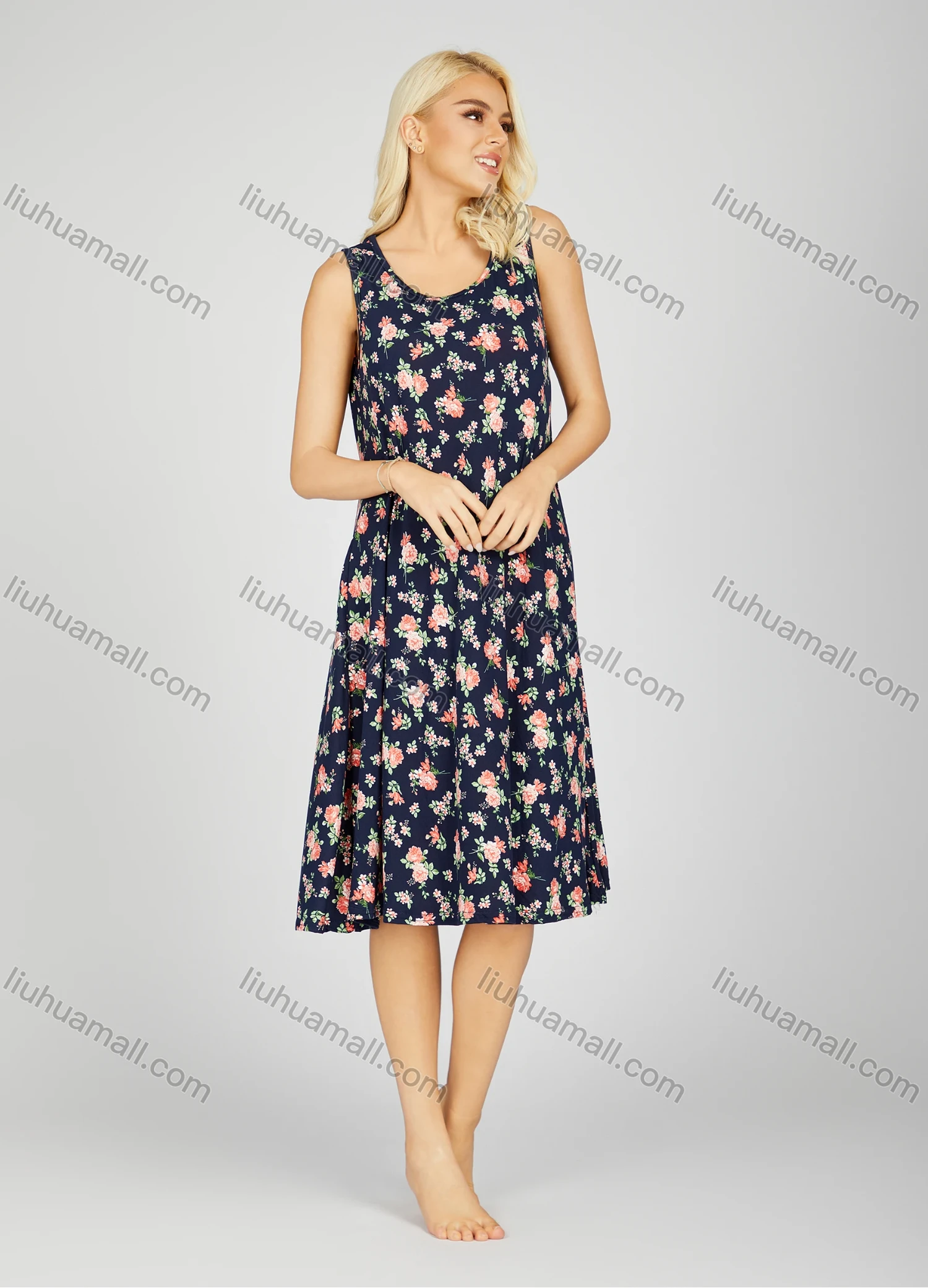 Wholesale Women's Soft Milk Silk Allover Floral Print Scoop Neck Lounge Tank Midi Night Dress 1005# - Liuhuamall