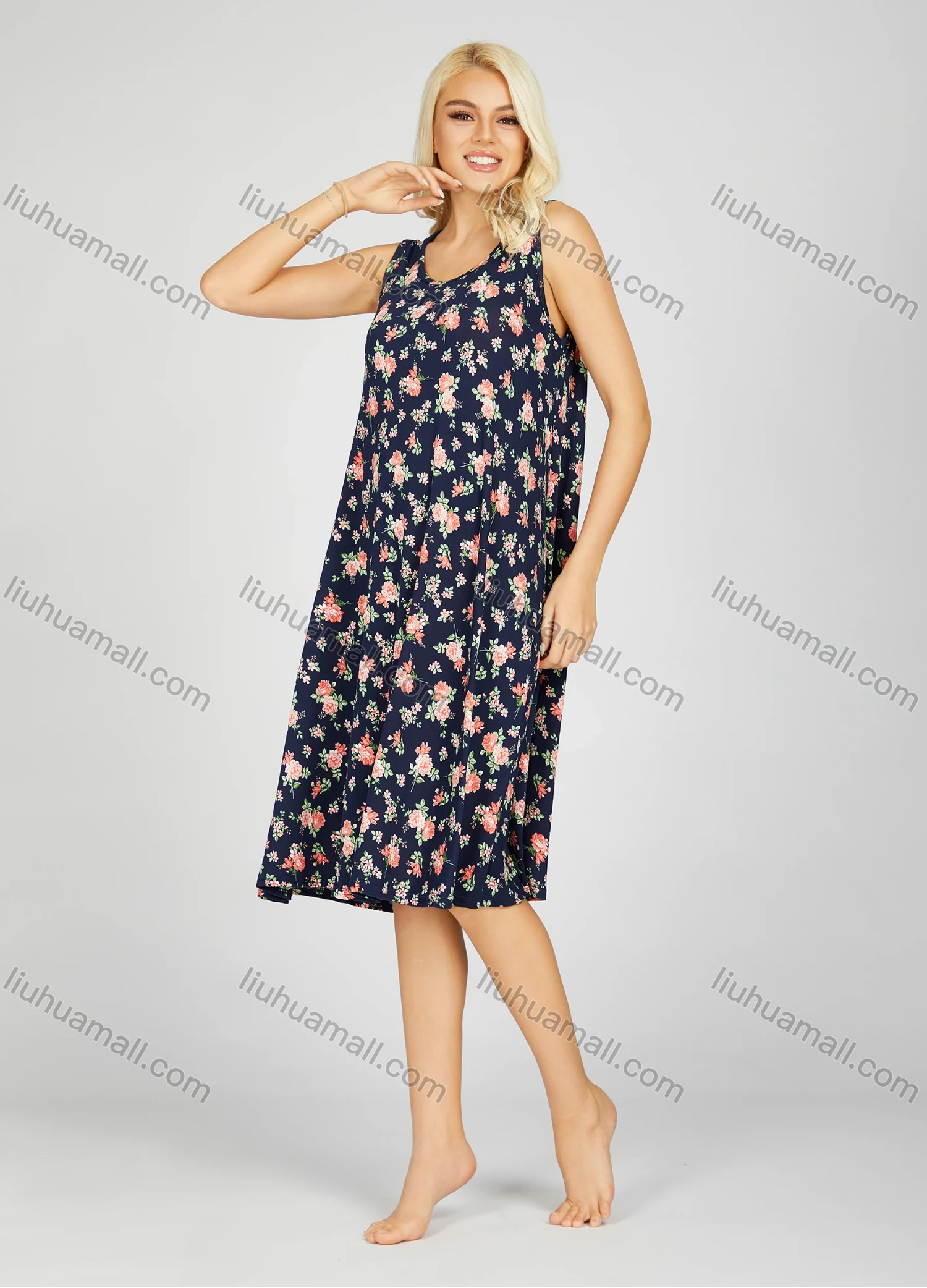 Wholesale Women's Soft Milk Silk Allover Floral Print Scoop Neck Lounge Tank Midi Night Dress 1005# - Liuhuamall