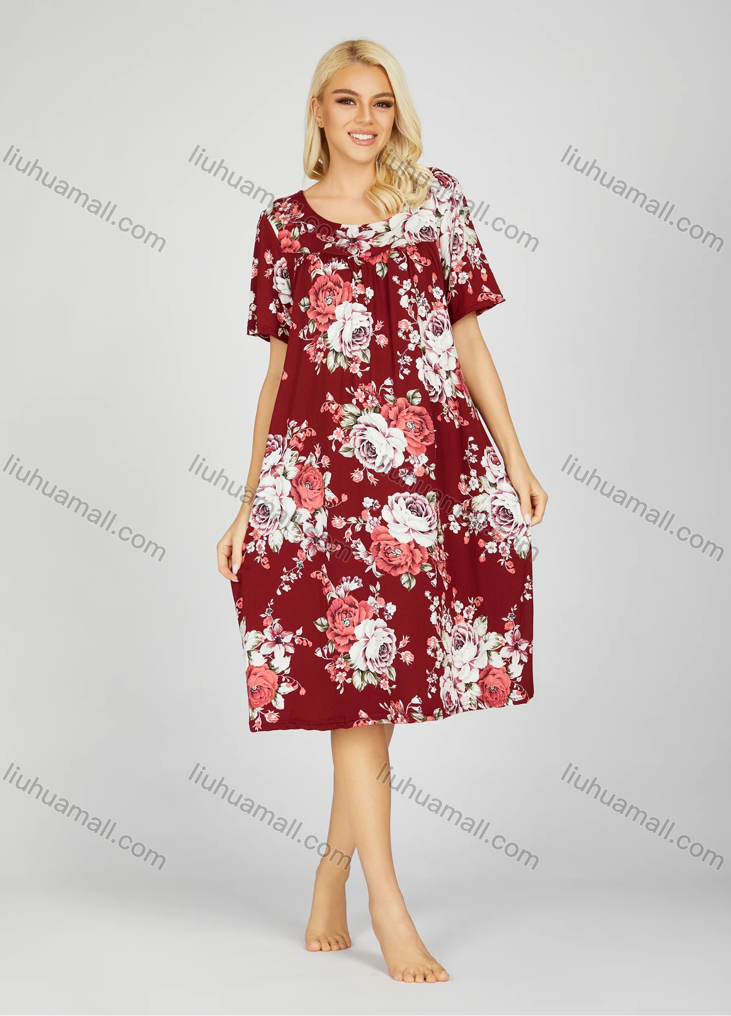 Wholesale Women's Soft Milk Silk Allover Floral Print Ruched Crew Neck Lounge Short Sleeve Night Dress 802# - Liuhuamall