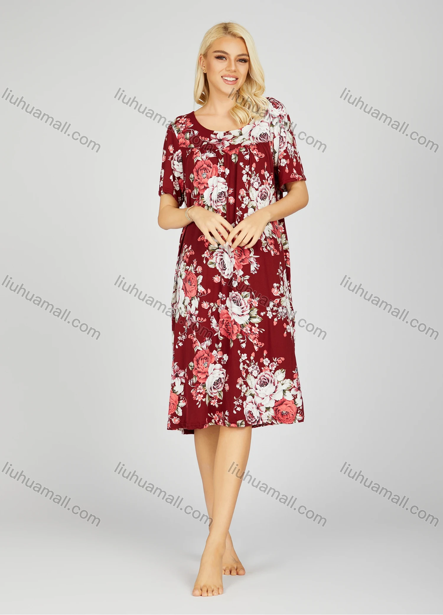 Wholesale Women's Soft Milk Silk Allover Floral Print Ruched Crew Neck Lounge Short Sleeve Night Dress 802# - Liuhuamall