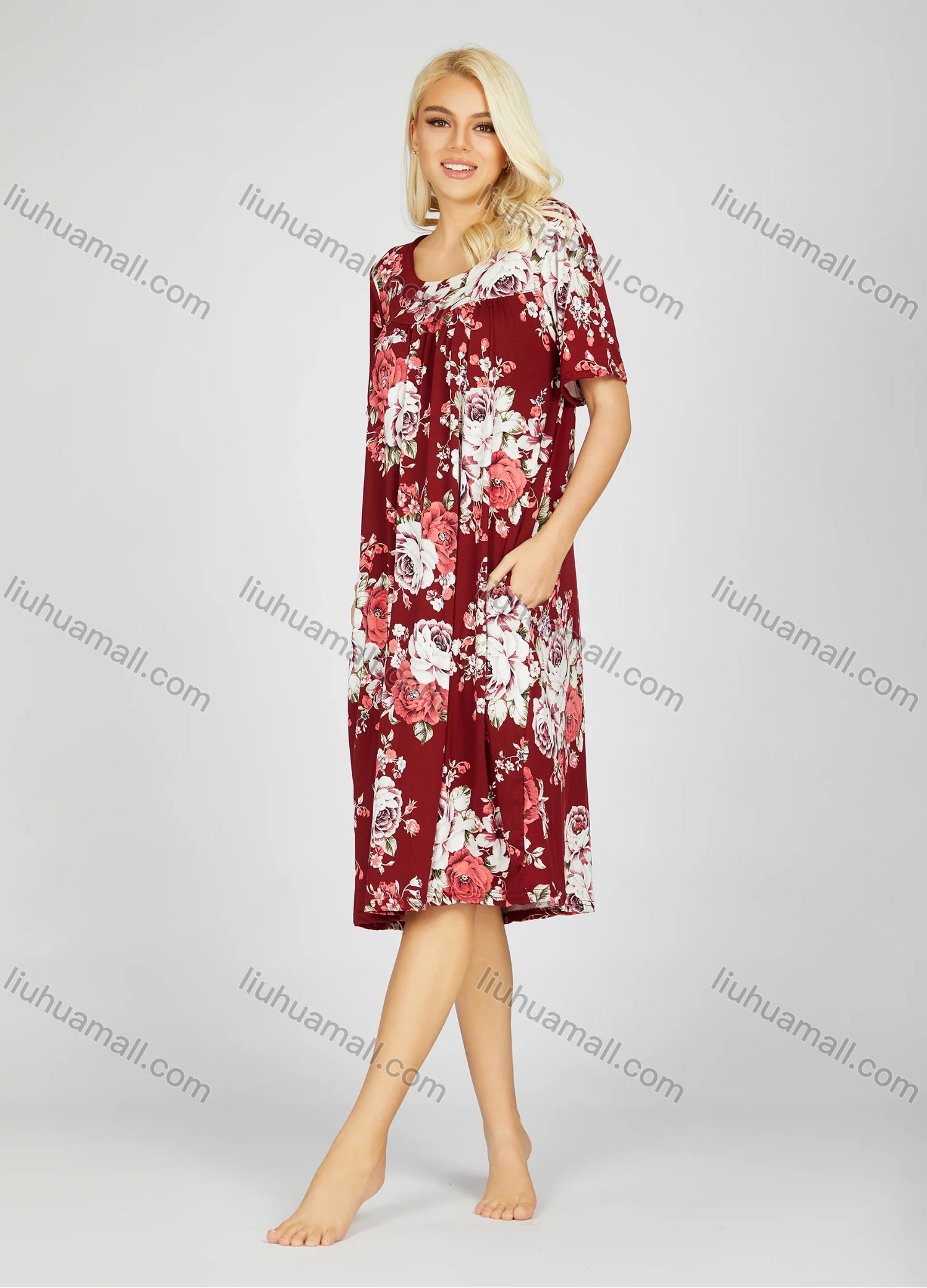 Wholesale Women's Soft Milk Silk Allover Floral Print Ruched Crew Neck Lounge Short Sleeve Night Dress 802# - Liuhuamall