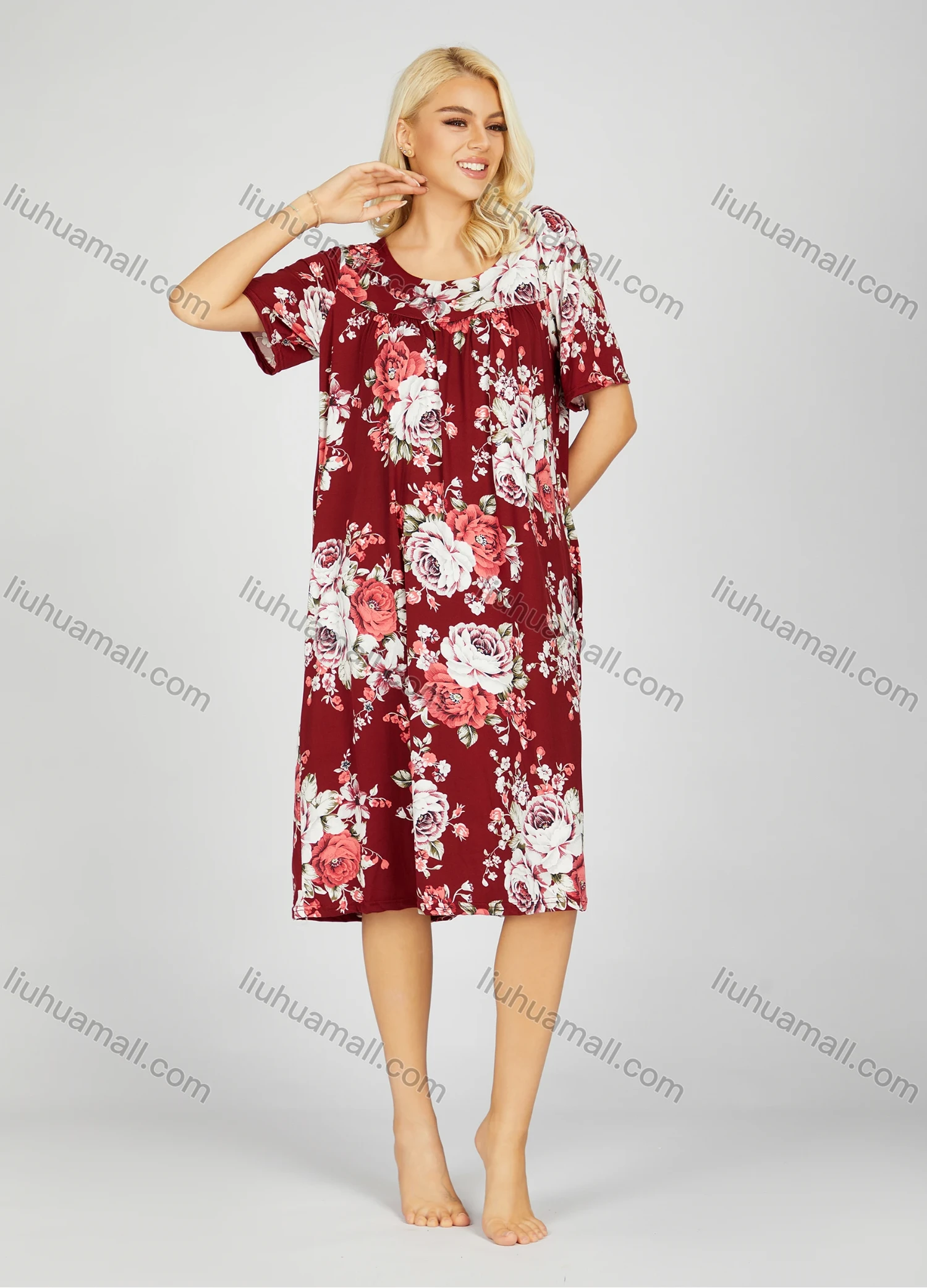 Wholesale Women's Soft Milk Silk Allover Floral Print Ruched Crew Neck Lounge Short Sleeve Night Dress 802# - Liuhuamall