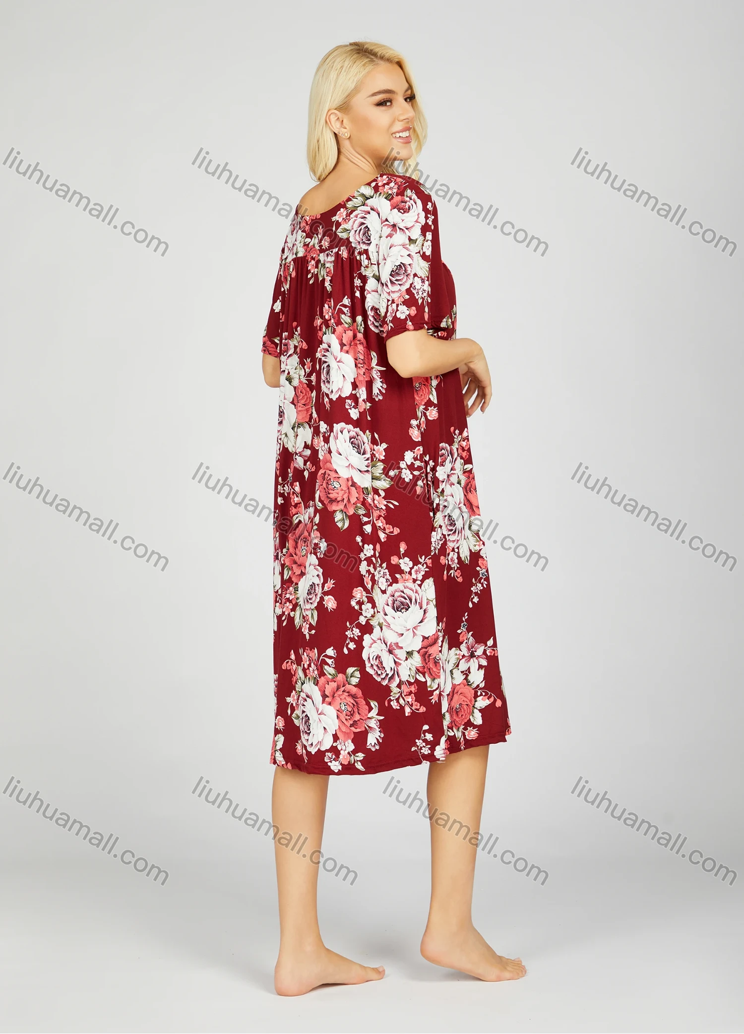 Wholesale Women's Soft Milk Silk Allover Floral Print Ruched Crew Neck Lounge Short Sleeve Night Dress 802# - Liuhuamall