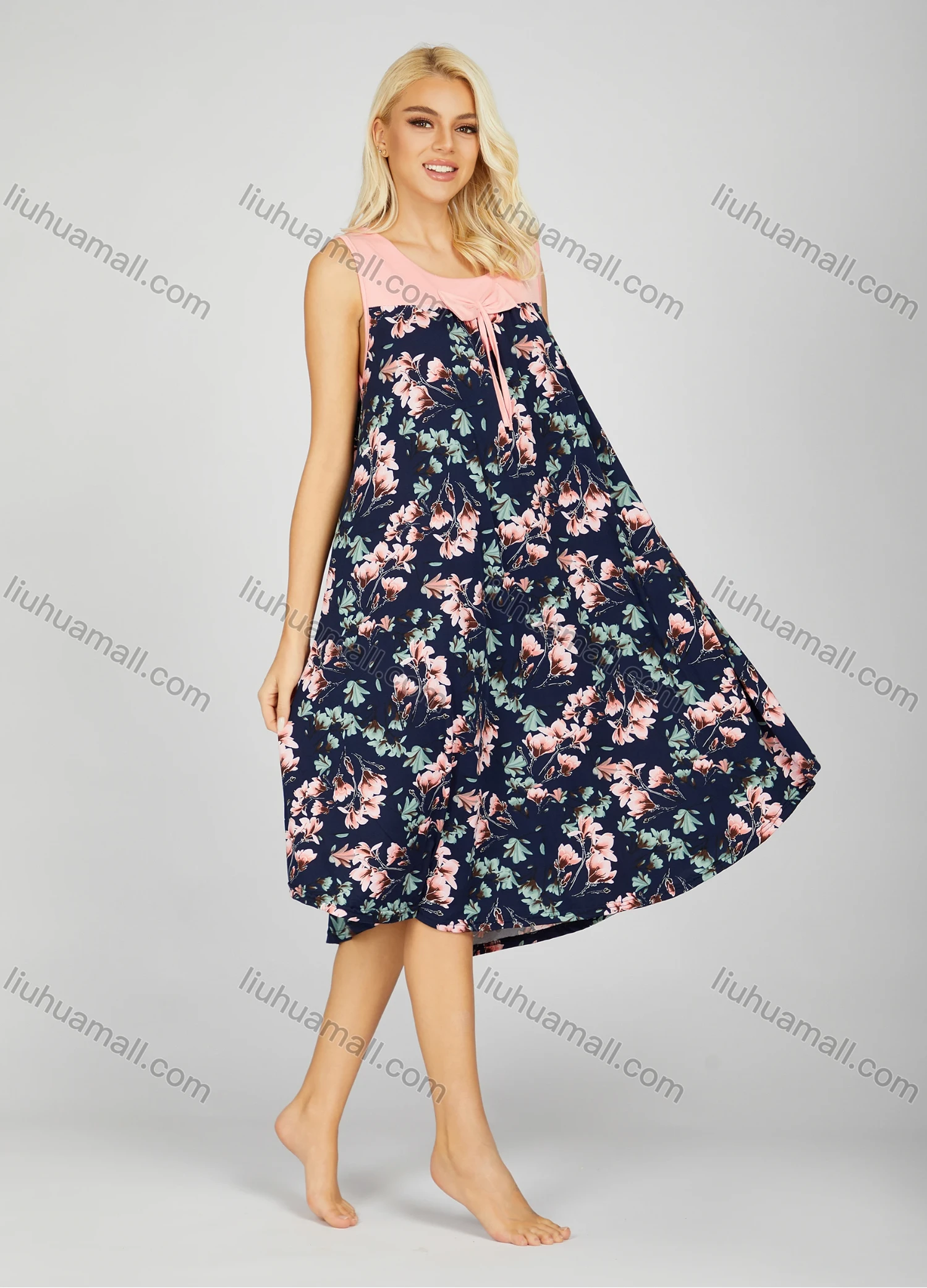 Wholesale Women's Soft Milk Silk Floral Print Splicing Bow Knot Crew Neck Ruched Lounge Tank Midi Night Dress 20-6# - Liuhuamall