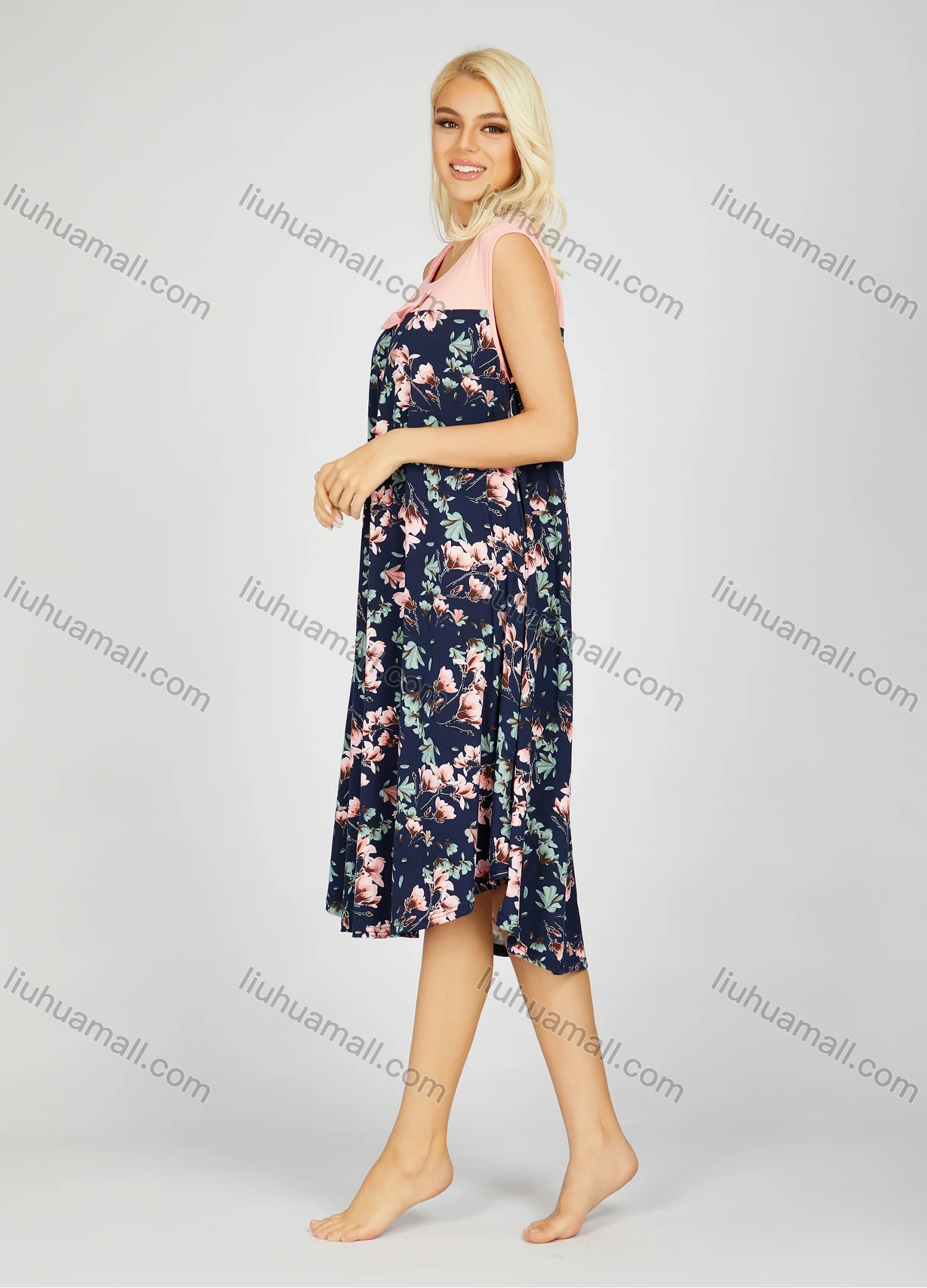 Wholesale Women's Soft Milk Silk Floral Print Splicing Bow Knot Crew Neck Ruched Lounge Tank Midi Night Dress 20-6# - Liuhuamall