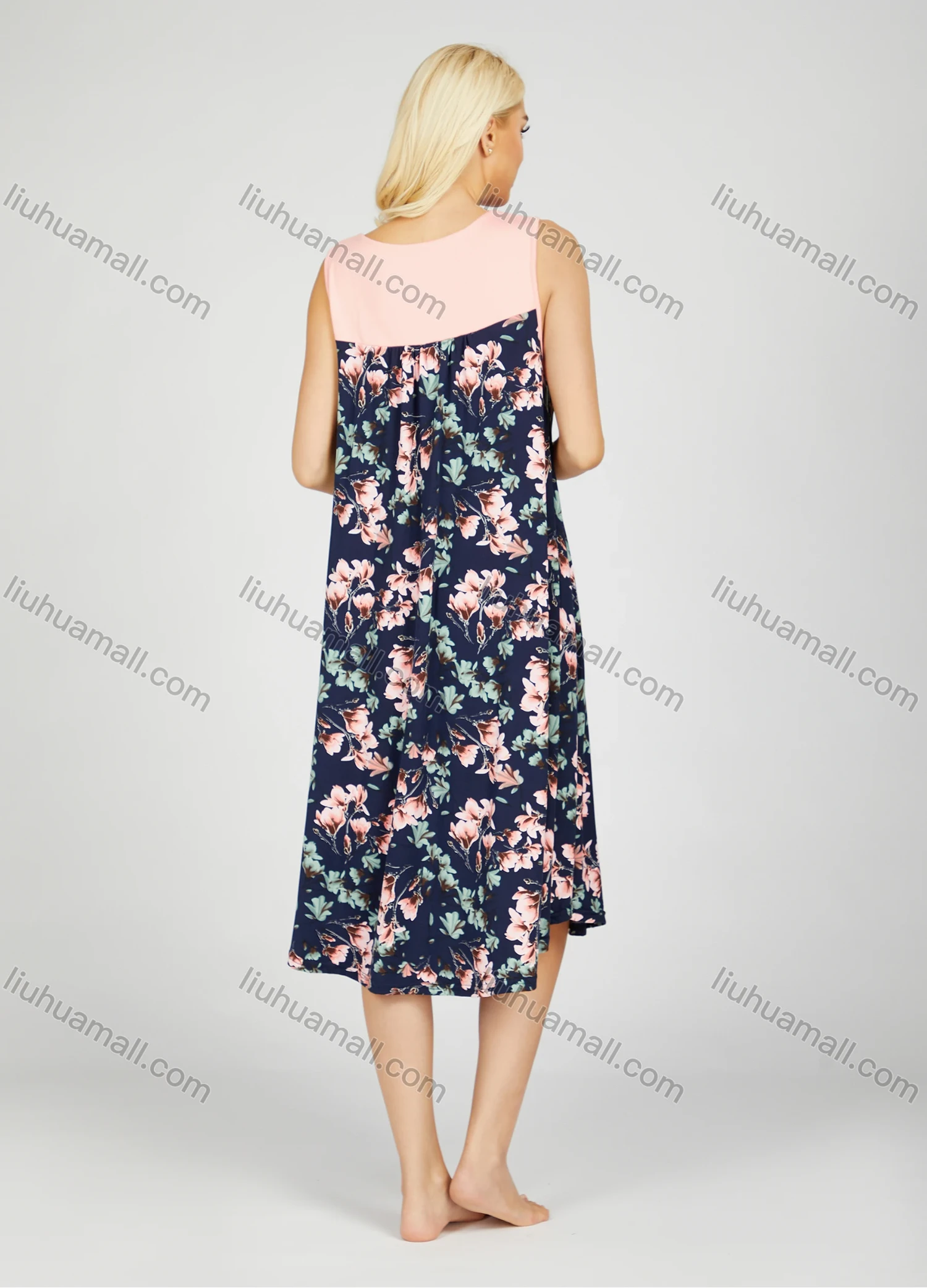 Wholesale Women's Soft Milk Silk Floral Print Splicing Bow Knot Crew Neck Ruched Lounge Tank Midi Night Dress 20-6# - Liuhuamall