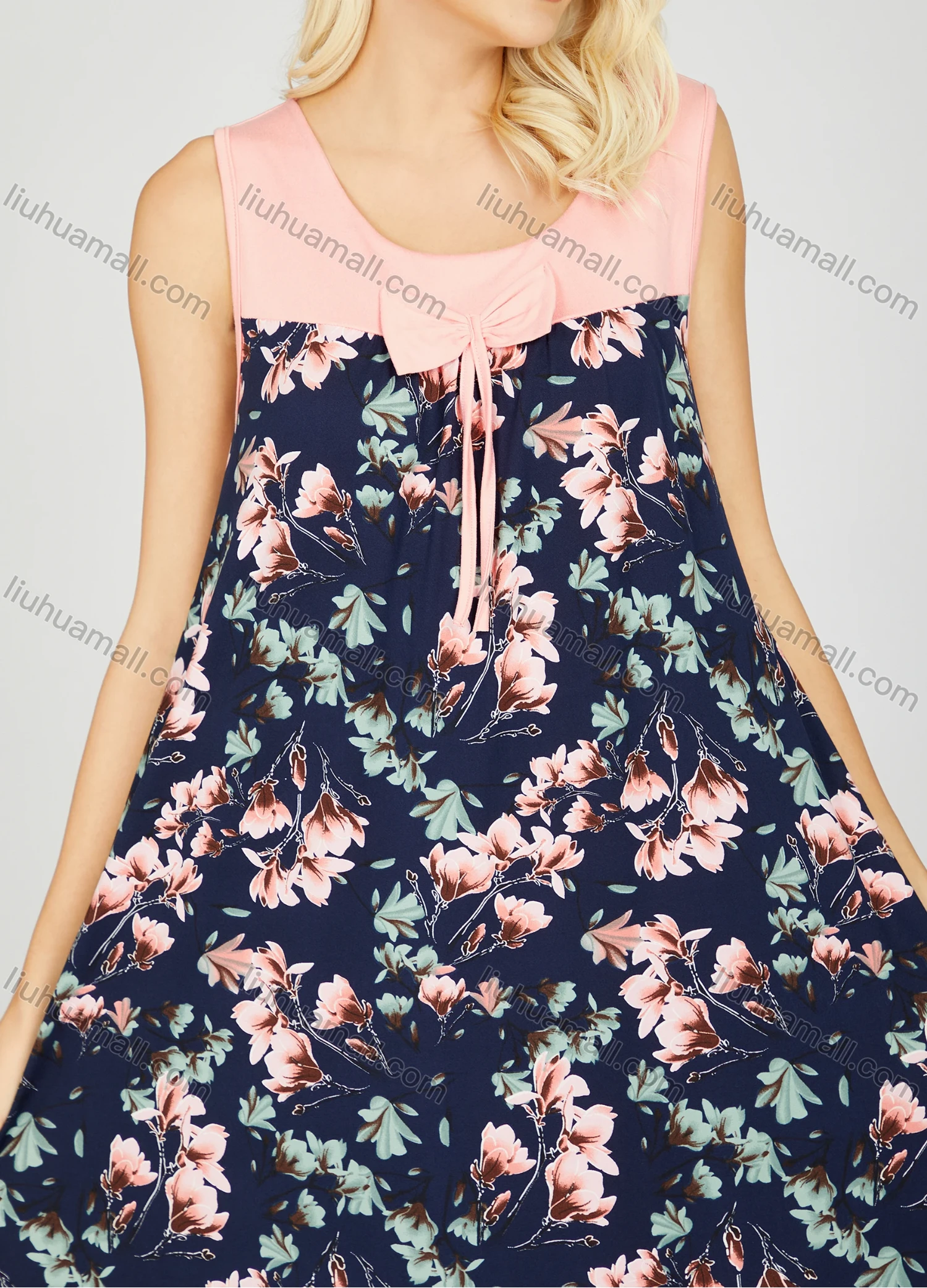 Wholesale Women's Soft Milk Silk Floral Print Splicing Bow Knot Crew Neck Ruched Lounge Tank Midi Night Dress 20-6# - Liuhuamall