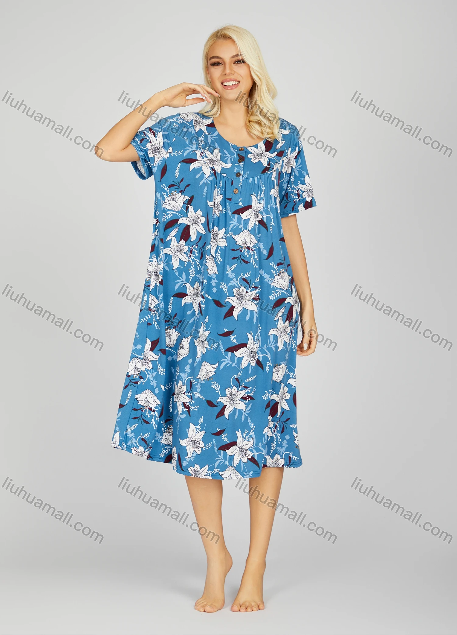 Wholesale Women's Milk Silk Allover Floral Print Button Front Crew Neck Ruched Lounge Short Sleeve Midi Night Dress 803# - Liuhuamall