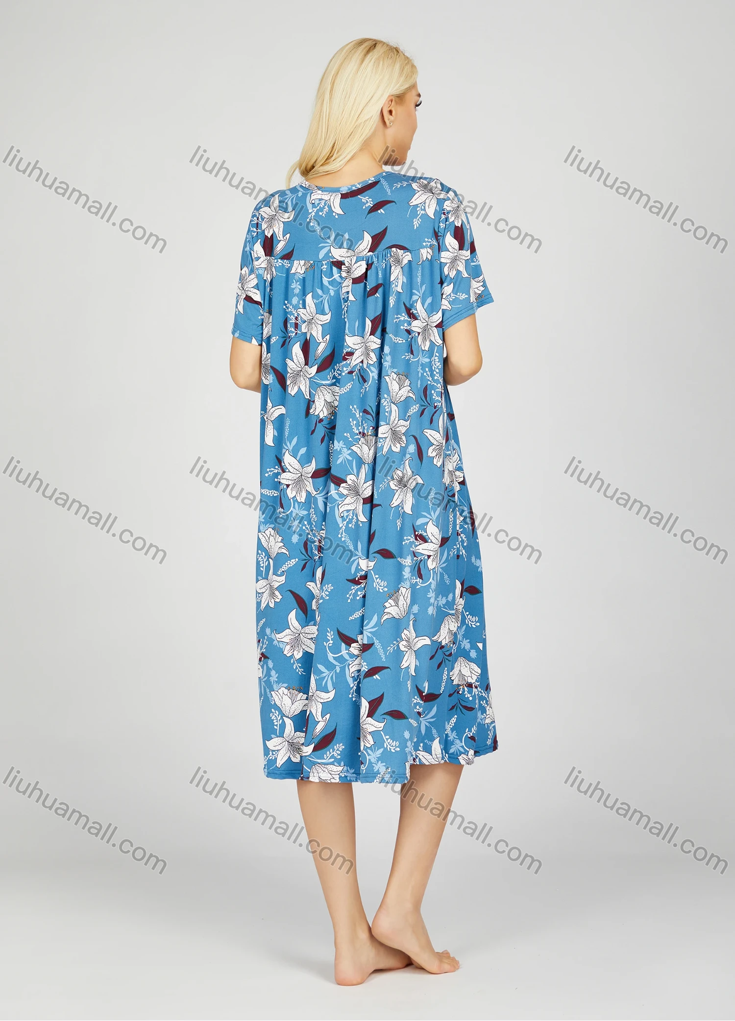 Wholesale Women's Milk Silk Allover Floral Print Button Front Crew Neck Ruched Lounge Short Sleeve Midi Night Dress 803# - Liuhuamall