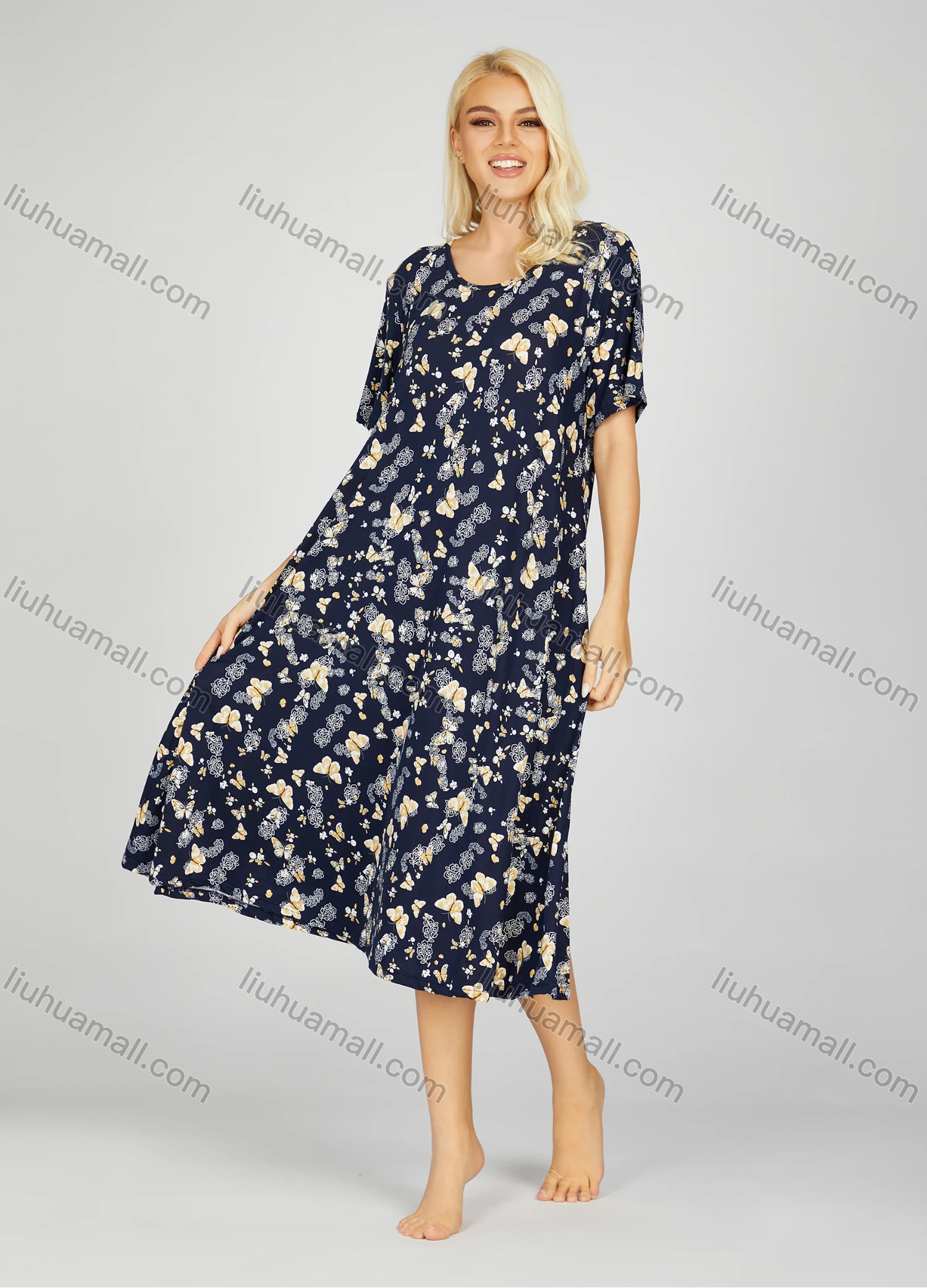 Wholesale Women's Milk Silk Butterfly Floral Print Crew Neck Lounge Short Sleeve Midi Night Dress 1006# - Liuhuamall