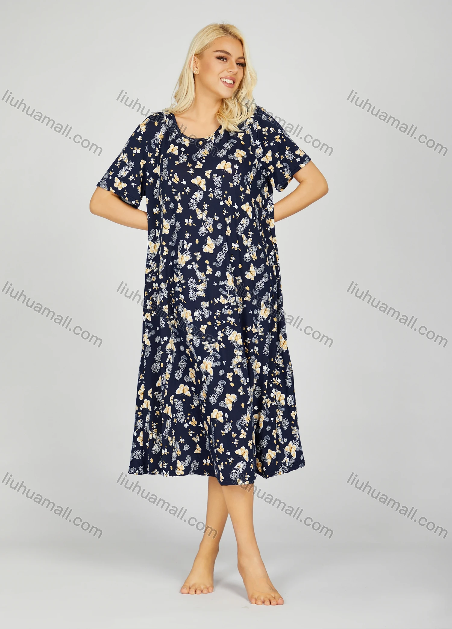 Wholesale Women's Milk Silk Butterfly Floral Print Crew Neck Lounge Short Sleeve Midi Night Dress 1006# - Liuhuamall