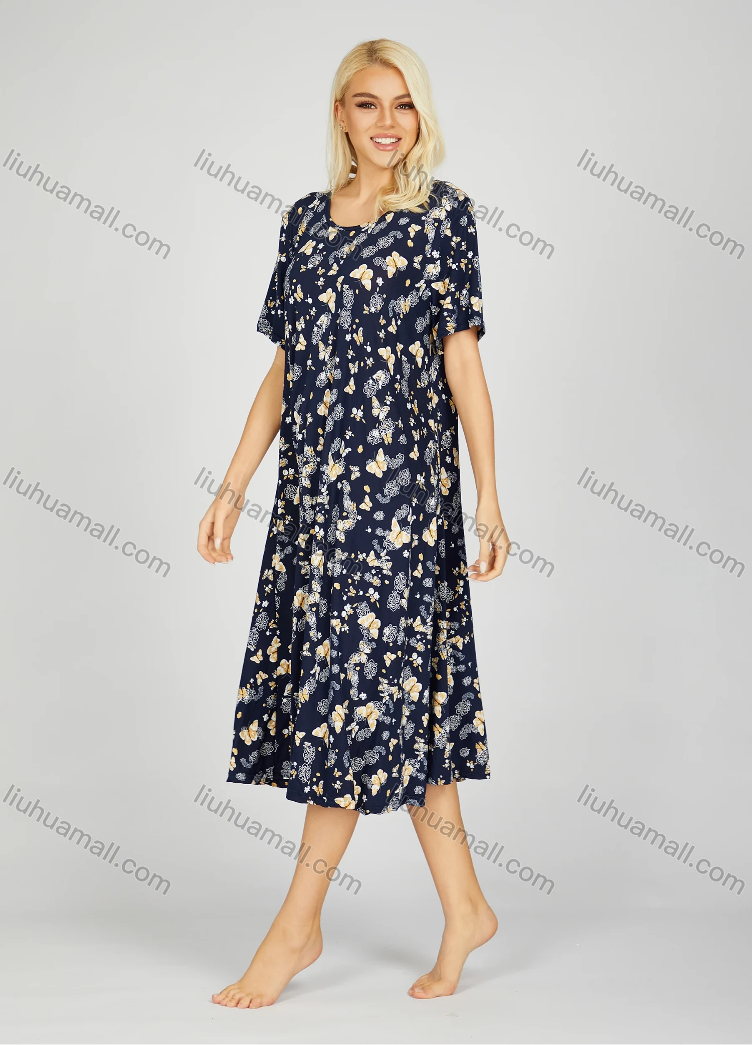 Wholesale Women's Milk Silk Butterfly Floral Print Crew Neck Lounge Short Sleeve Midi Night Dress 1006# - Liuhuamall