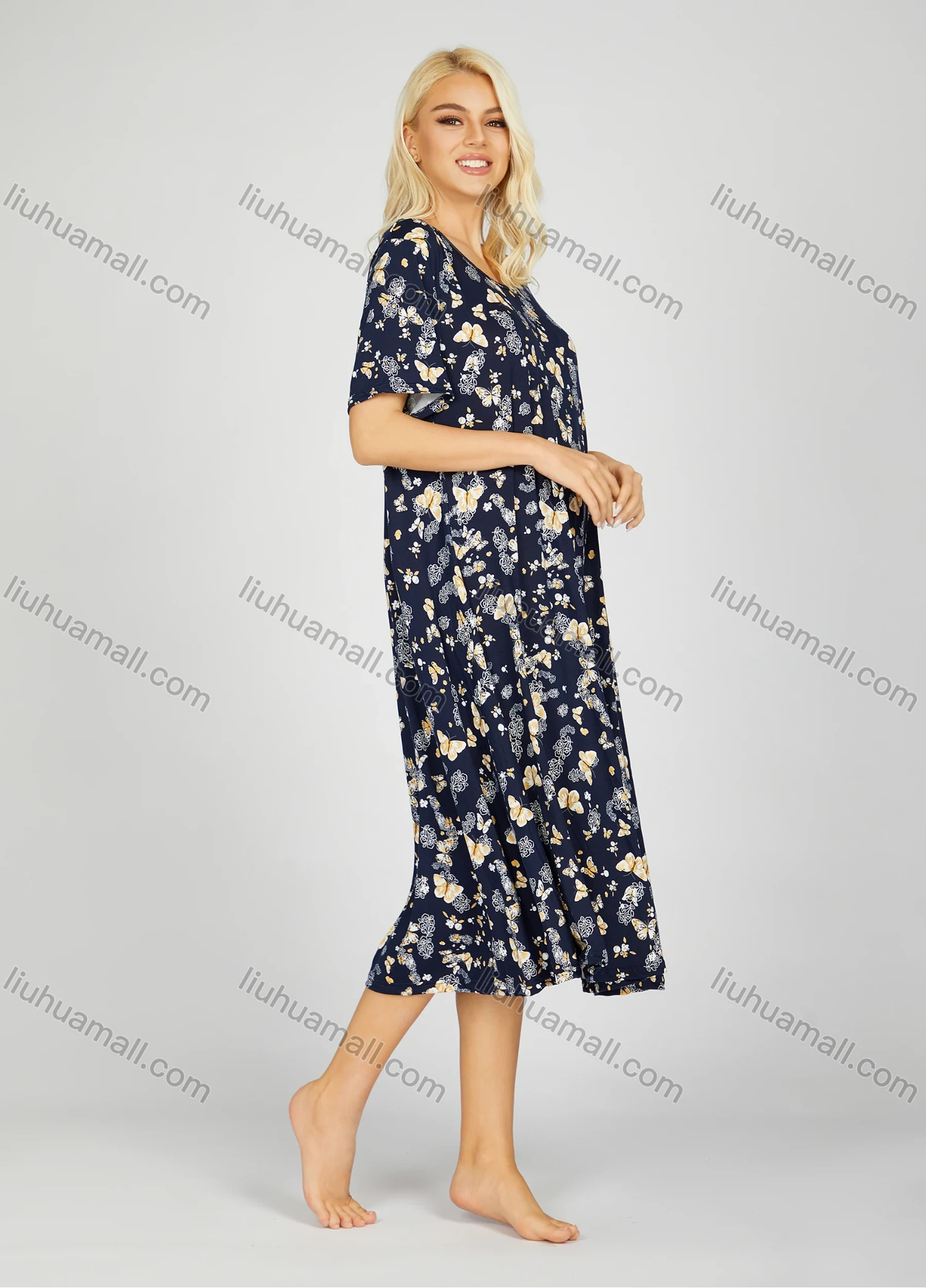 Wholesale Women's Milk Silk Butterfly Floral Print Crew Neck Lounge Short Sleeve Midi Night Dress 1006# - Liuhuamall