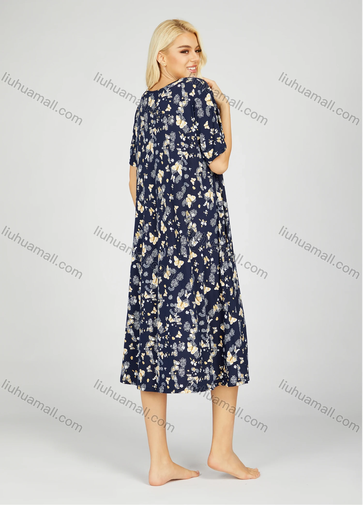 Wholesale Women's Milk Silk Butterfly Floral Print Crew Neck Lounge Short Sleeve Midi Night Dress 1006# - Liuhuamall