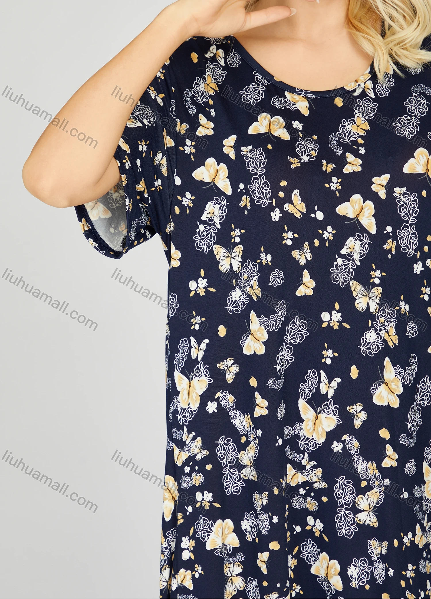 Wholesale Women's Milk Silk Butterfly Floral Print Crew Neck Lounge Short Sleeve Midi Night Dress 1006# - Liuhuamall