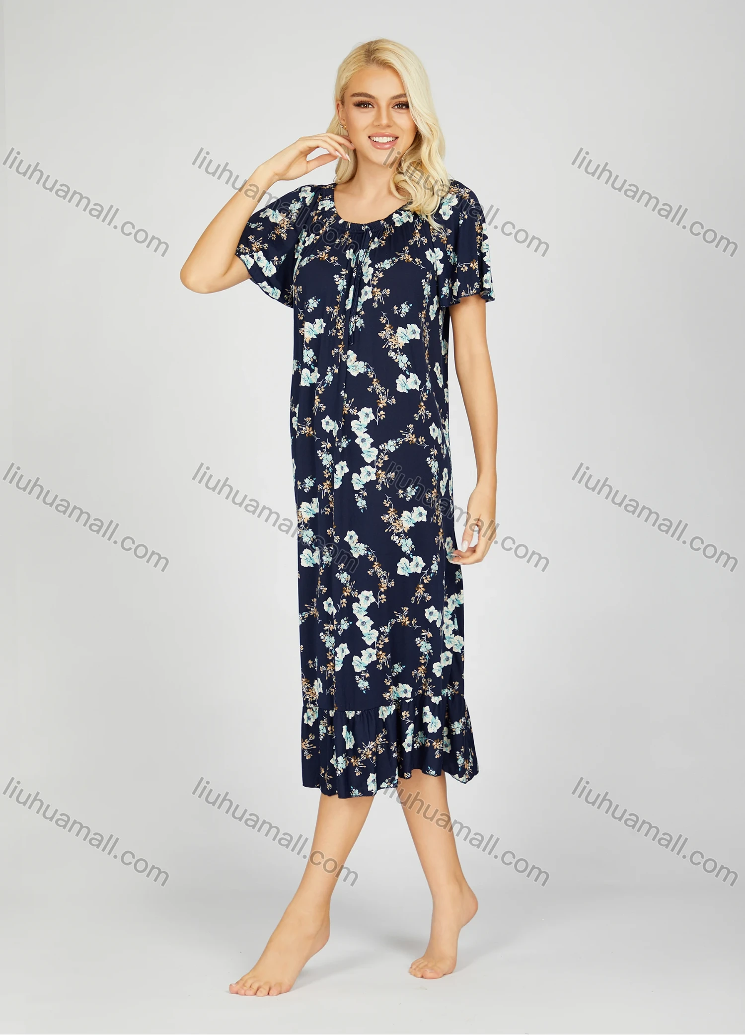 Wholesale Women's Milk Silk Floral Print Crew Neck Ruched Lounge Short Sleeve Midi Night Dress 1008# - Liuhuamall