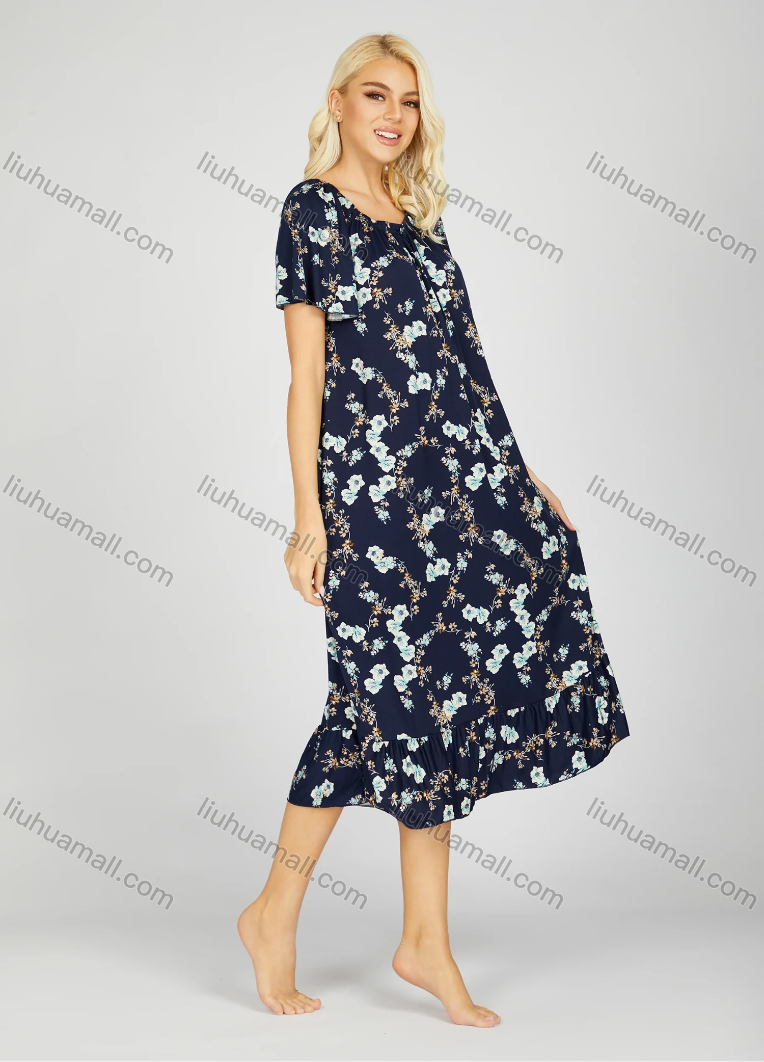 Wholesale Women's Milk Silk Floral Print Crew Neck Ruched Lounge Short Sleeve Midi Night Dress 1008# - Liuhuamall