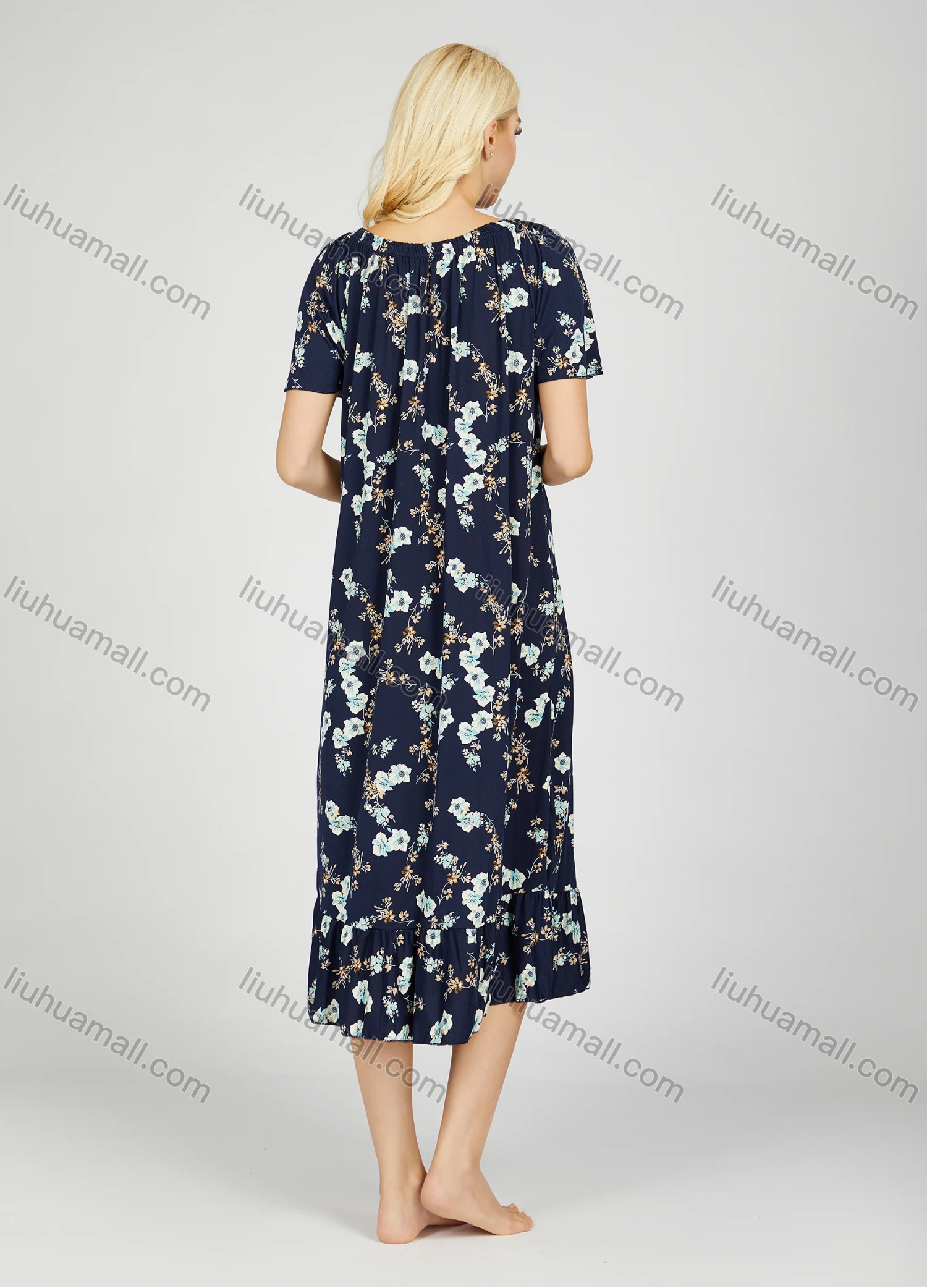 Wholesale Women's Milk Silk Floral Print Crew Neck Ruched Lounge Short Sleeve Midi Night Dress 1008# - Liuhuamall