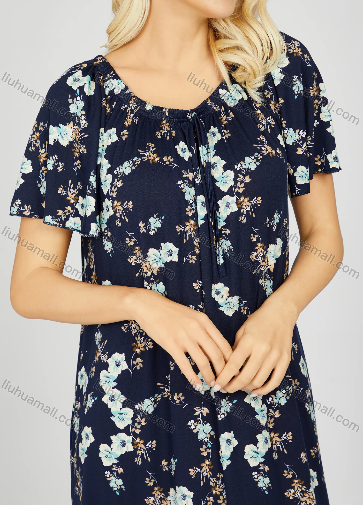 Wholesale Women's Milk Silk Floral Print Crew Neck Ruched Lounge Short Sleeve Midi Night Dress 1008# - Liuhuamall