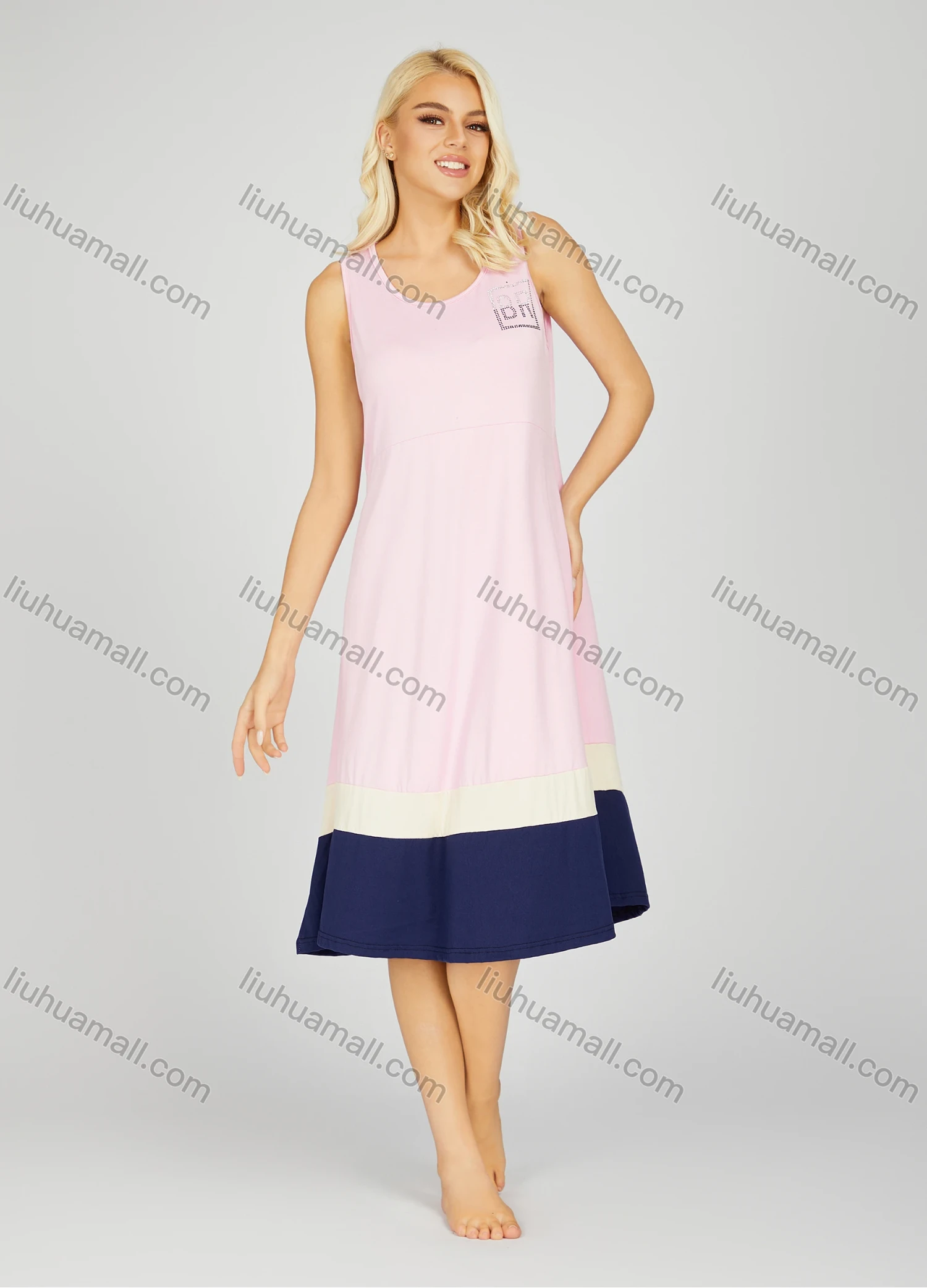 Wholesale Women's Soft Milk Silk Colorblock Crew Neck Rhinestone Lounge Tank Midi Night Dress 1178# - Liuhuamall