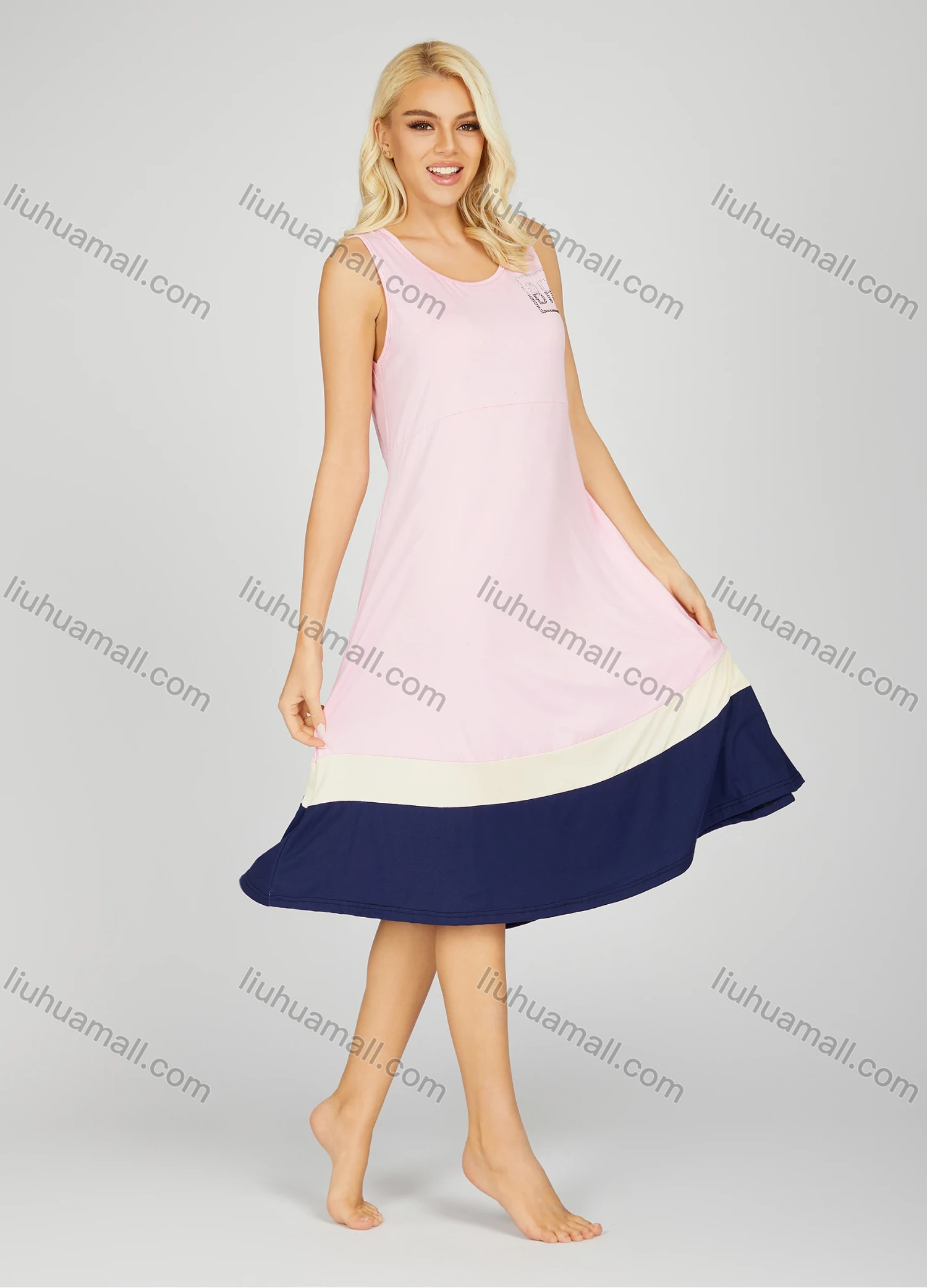 Wholesale Women's Soft Milk Silk Colorblock Crew Neck Rhinestone Lounge Tank Midi Night Dress 1178# - Liuhuamall