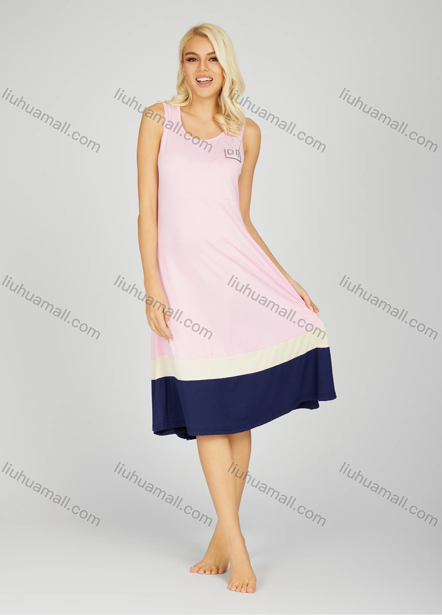 Wholesale Women's Soft Milk Silk Colorblock Crew Neck Rhinestone Lounge Tank Midi Night Dress 1178# - Liuhuamall