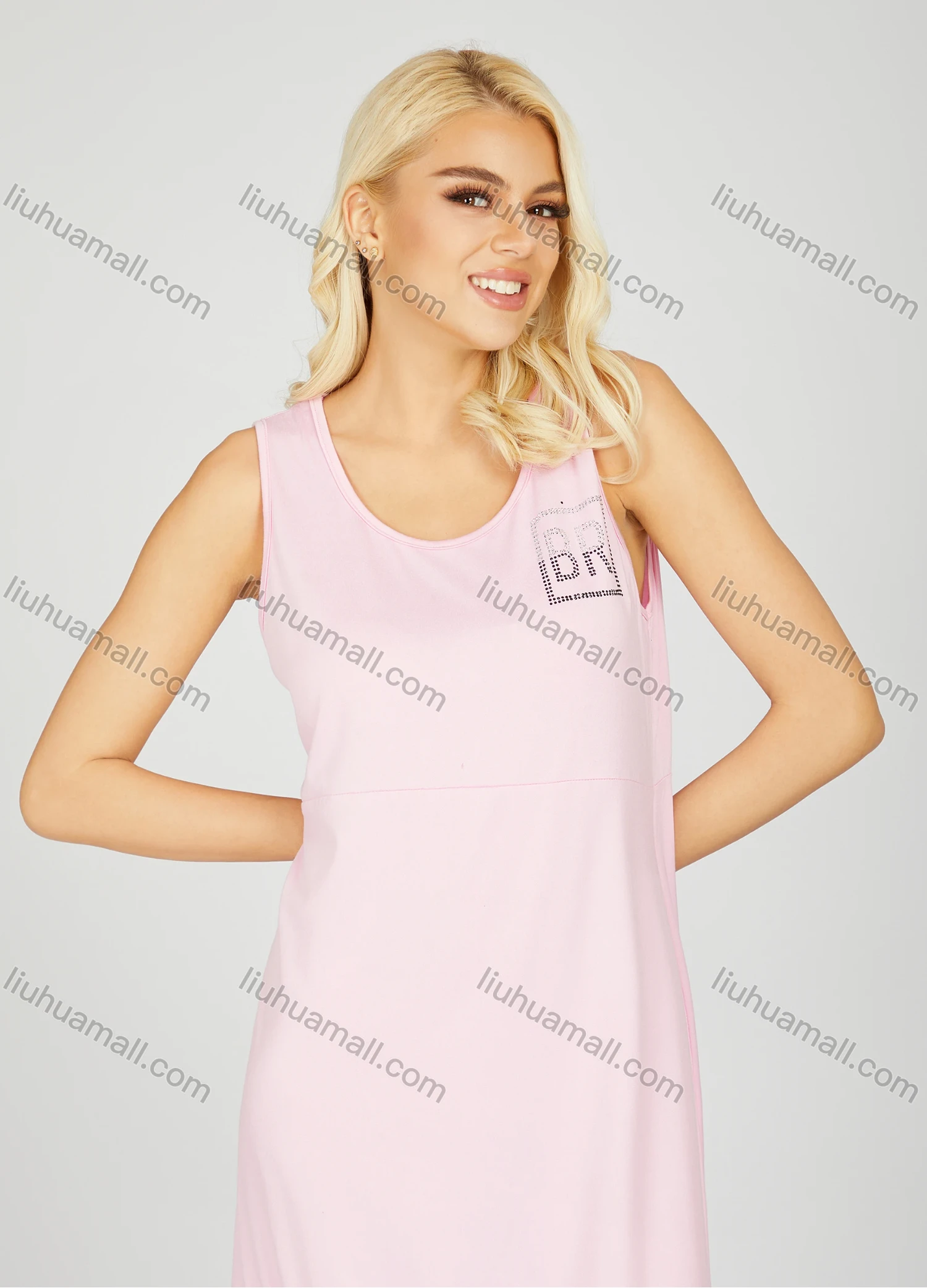 Wholesale Women's Soft Milk Silk Colorblock Crew Neck Rhinestone Lounge Tank Midi Night Dress 1178# - Liuhuamall