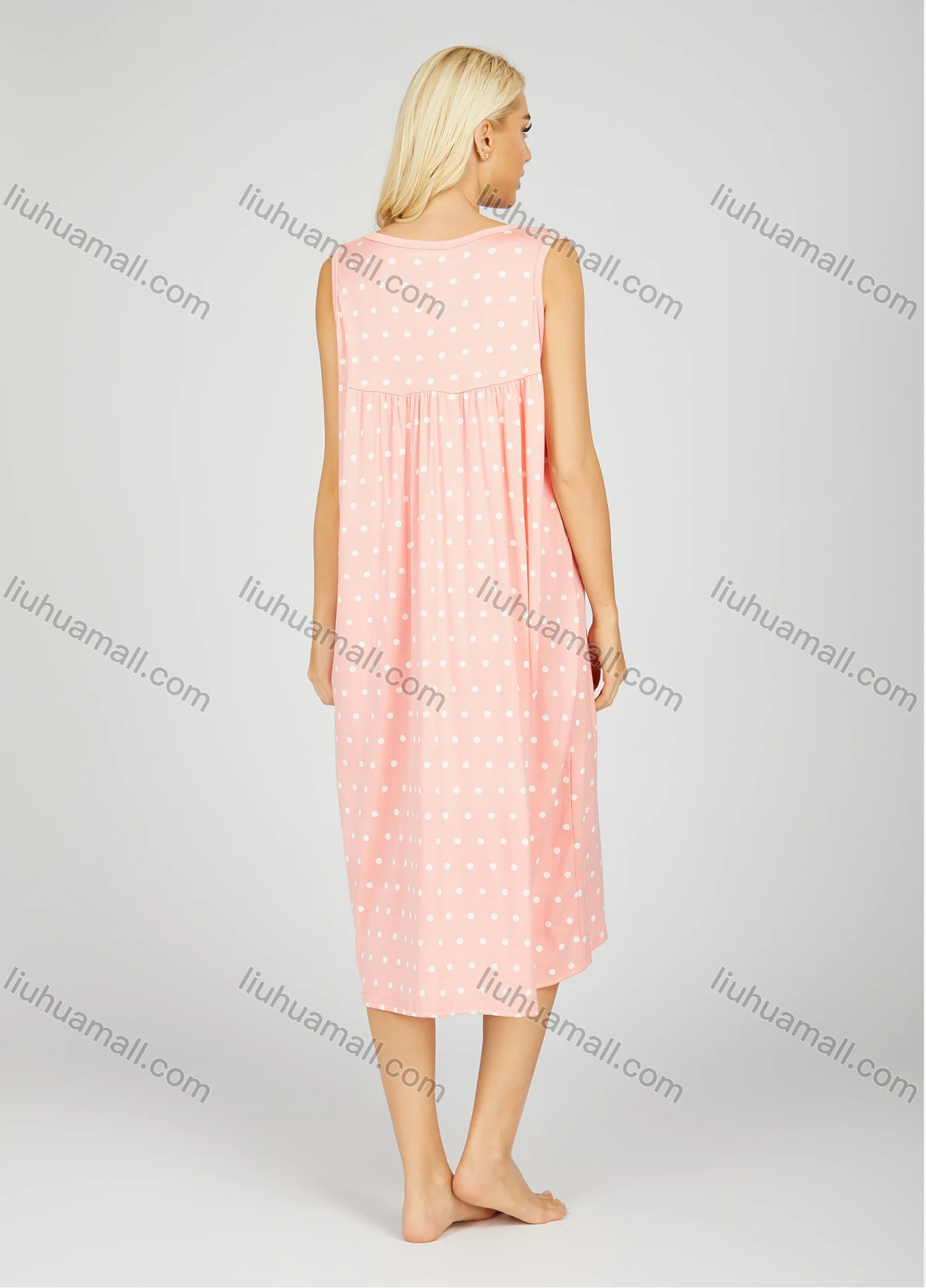 Wholesale Women's Soft Milk Silk Pin Dot Scoop Neck Ruched Button Front Lounge Tank Midi Night Dress 1163# - Liuhuamall