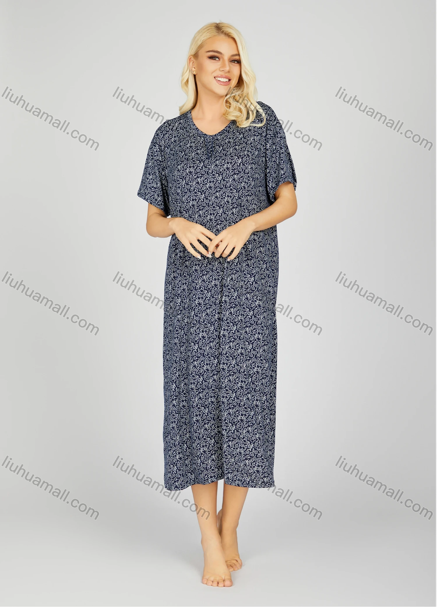 Wholesale Women's Milk Silk Allover Floral Print Crew Neck Lounge Short Sleeve Midi Night Dress 1003# - Liuhuamall