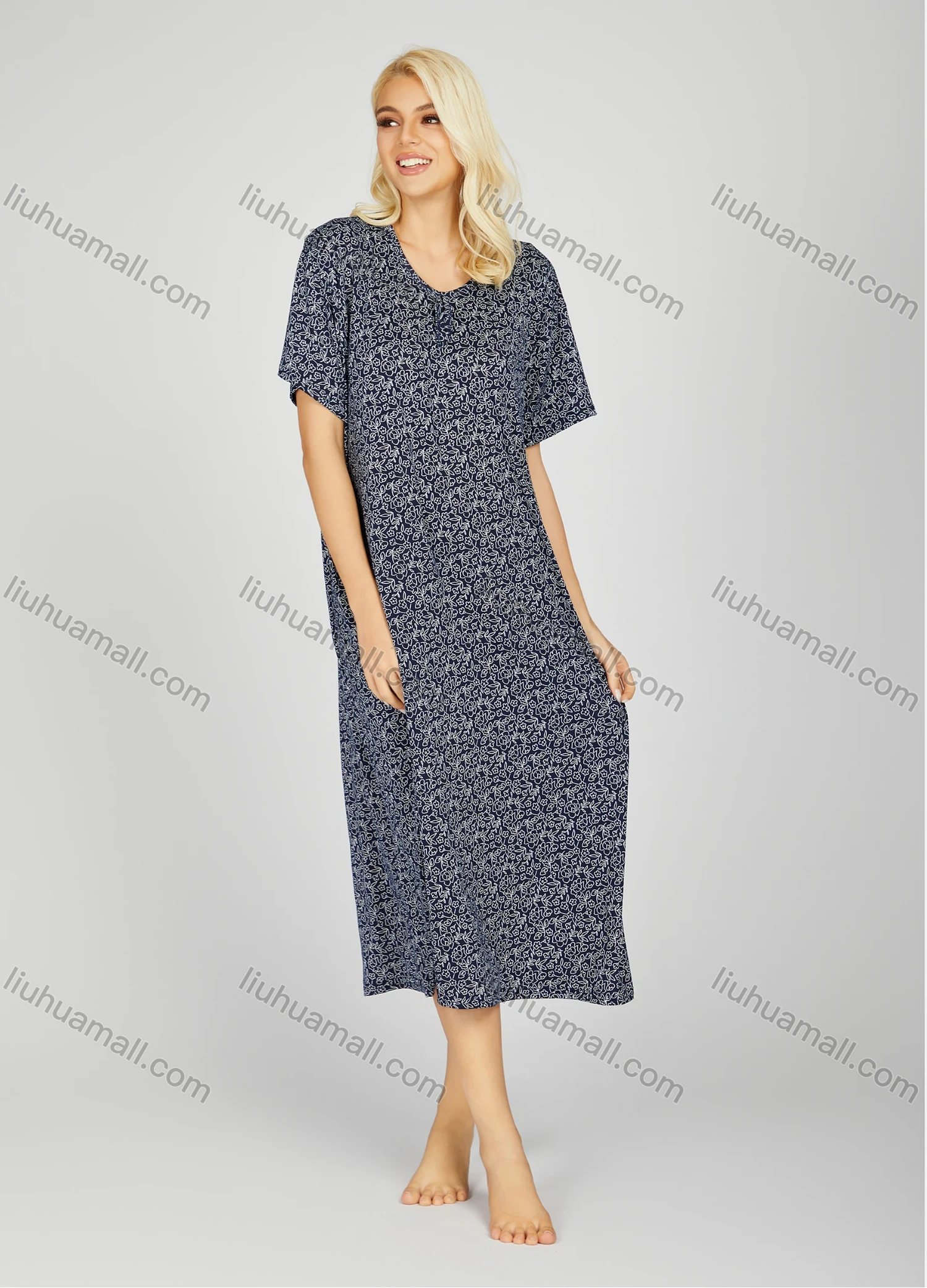 Wholesale Women's Milk Silk Allover Floral Print Crew Neck Lounge Short Sleeve Midi Night Dress 1003# - Liuhuamall