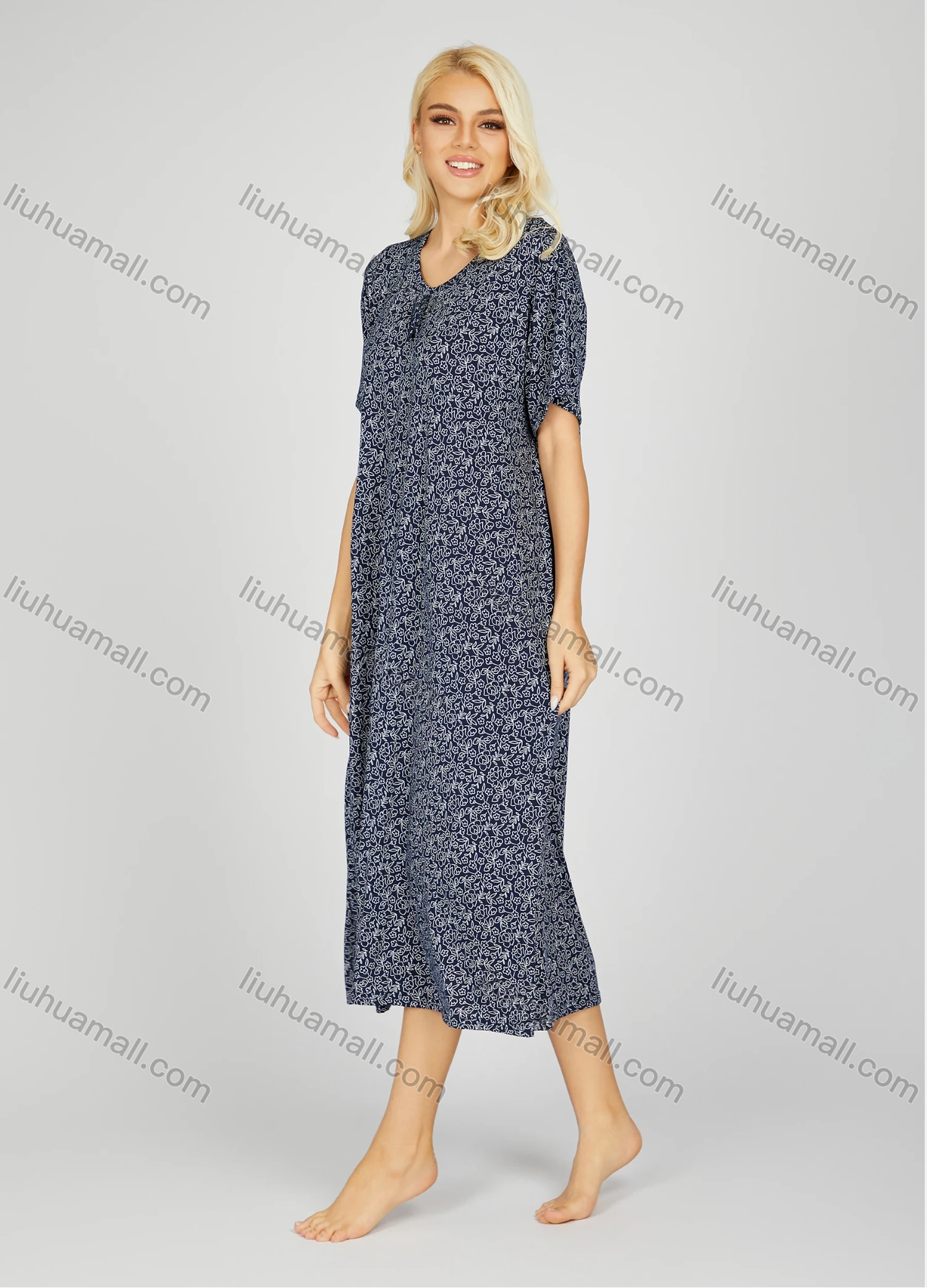 Wholesale Women's Milk Silk Allover Floral Print Crew Neck Lounge Short Sleeve Midi Night Dress 1003# - Liuhuamall