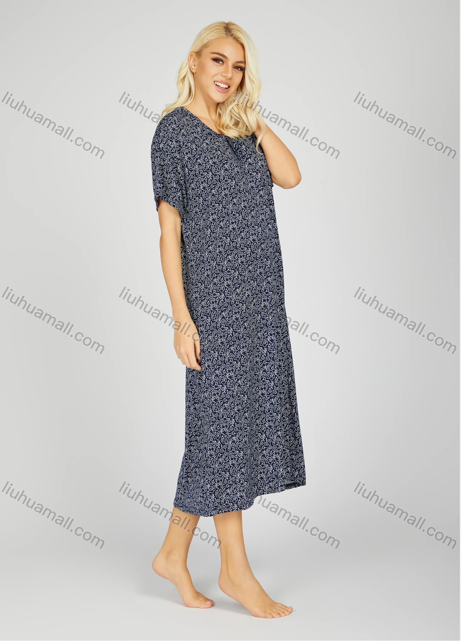 Wholesale Women's Milk Silk Allover Floral Print Crew Neck Lounge Short Sleeve Midi Night Dress 1003# - Liuhuamall