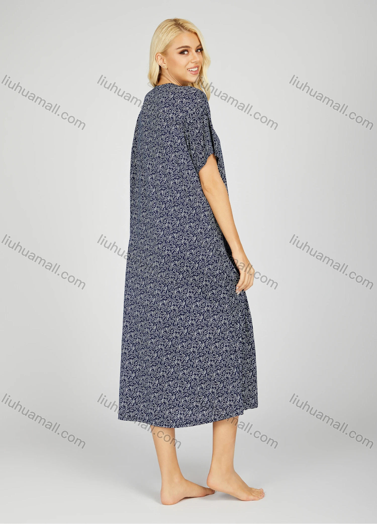 Wholesale Women's Milk Silk Allover Floral Print Crew Neck Lounge Short Sleeve Midi Night Dress 1003# - Liuhuamall